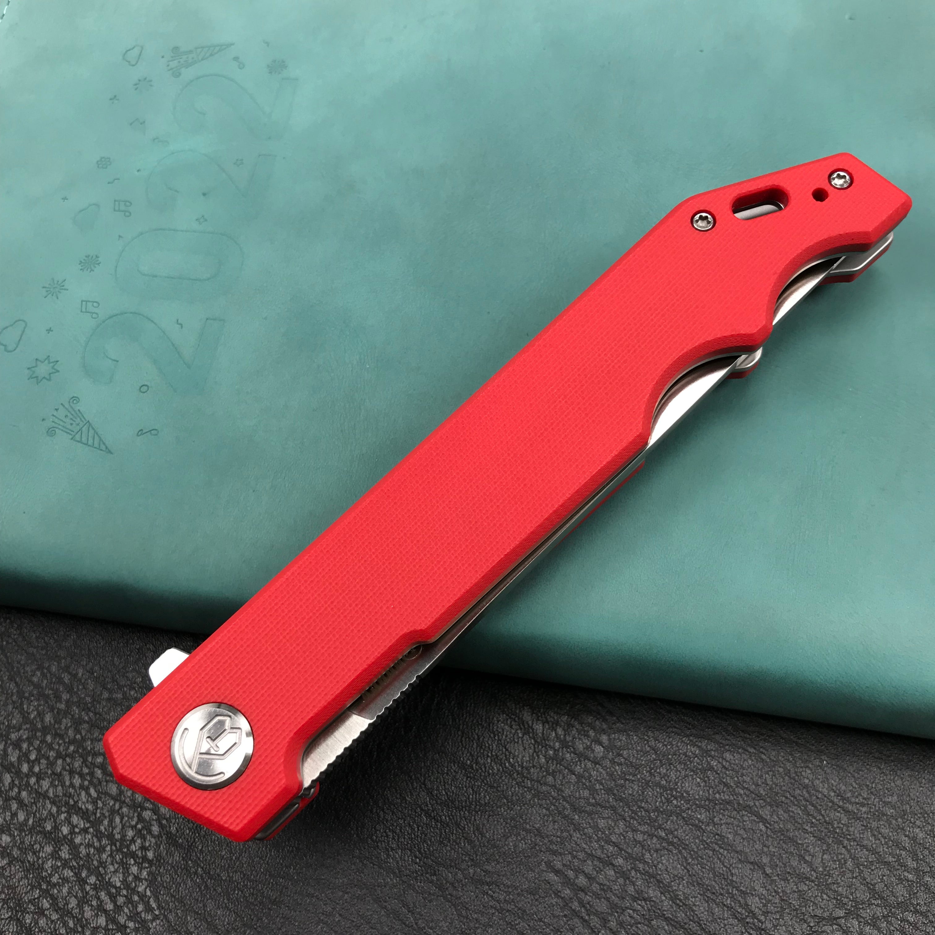 KUBEY KU253F Pylades  Cheetah Liner Lock Flipper Folding Knife  Red G10 Handle 4.65" Satin AUS-10