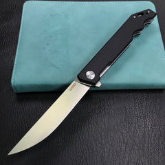 KUBEY KU253A Pylades  Cheetah Liner Lock Flipper Folding Knife Black G10 Handle 4.65" Satin AUS-10