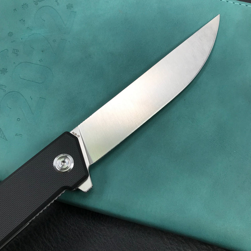 KUBEY KU253A Pylades  Cheetah Liner Lock Flipper Folding Knife Black G10 Handle 4.65" Satin AUS-10
