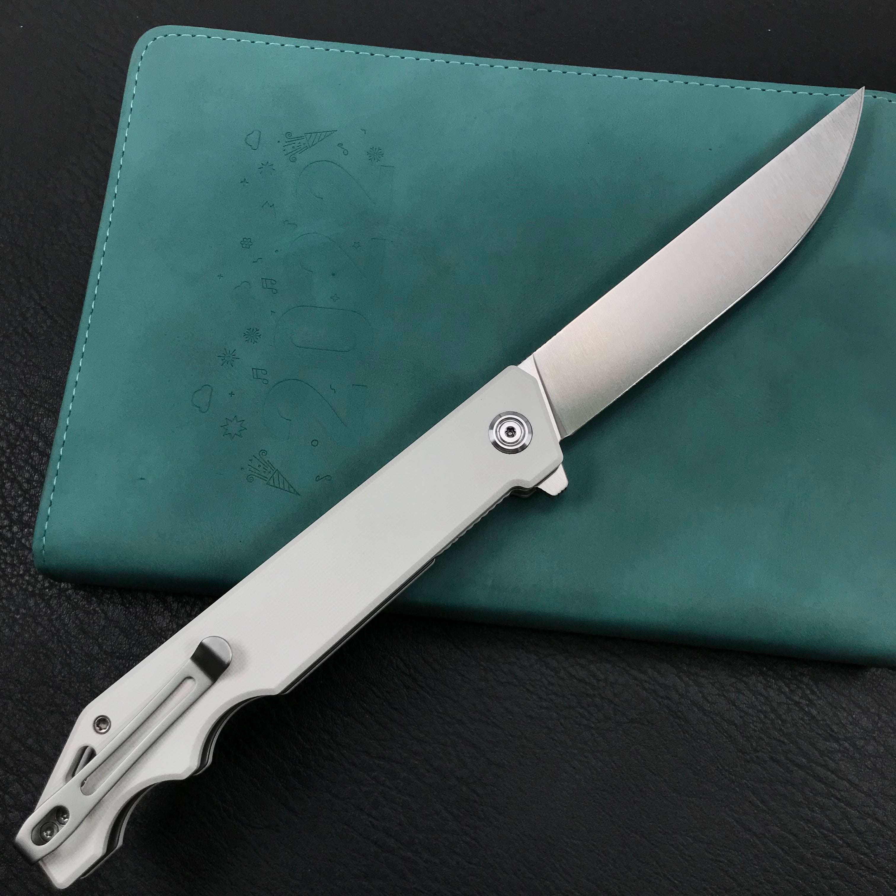 KUBEY KU253G Pylades  Cheetah Liner Lock Flipper Folding Knife White G10 Handle 4.65" Satin AUS-10