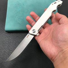 KUBEY KU253G Pylades  Cheetah Liner Lock Flipper Folding Knife White G10 Handle 4.65" Satin AUS-10