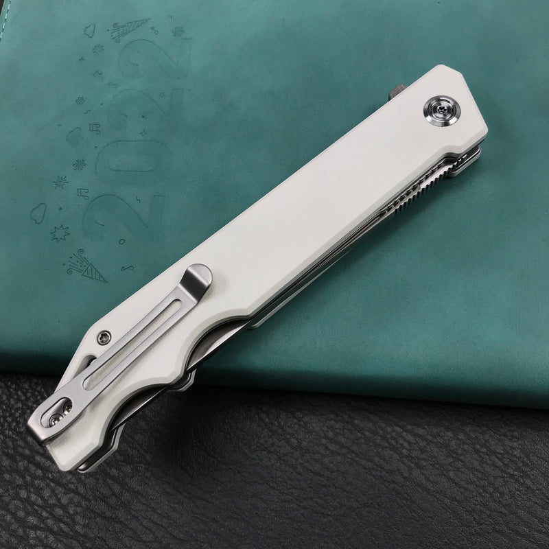 KUBEY KU253G Pylades  Cheetah Liner Lock Flipper Folding Knife White G10 Handle 4.65" Satin AUS-10