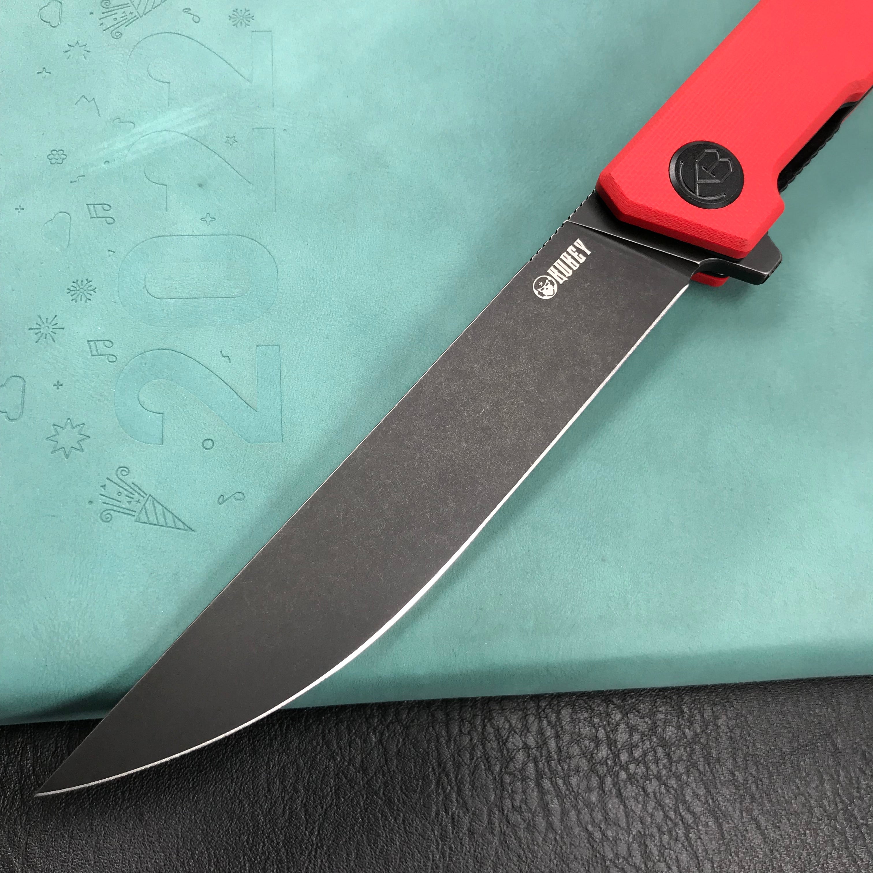 KUBEY KU253B Pylades  Cheetah Liner Lock Flipper Folding Knife Red G10 Handle 4.65" Black Stonewashed AUS-10