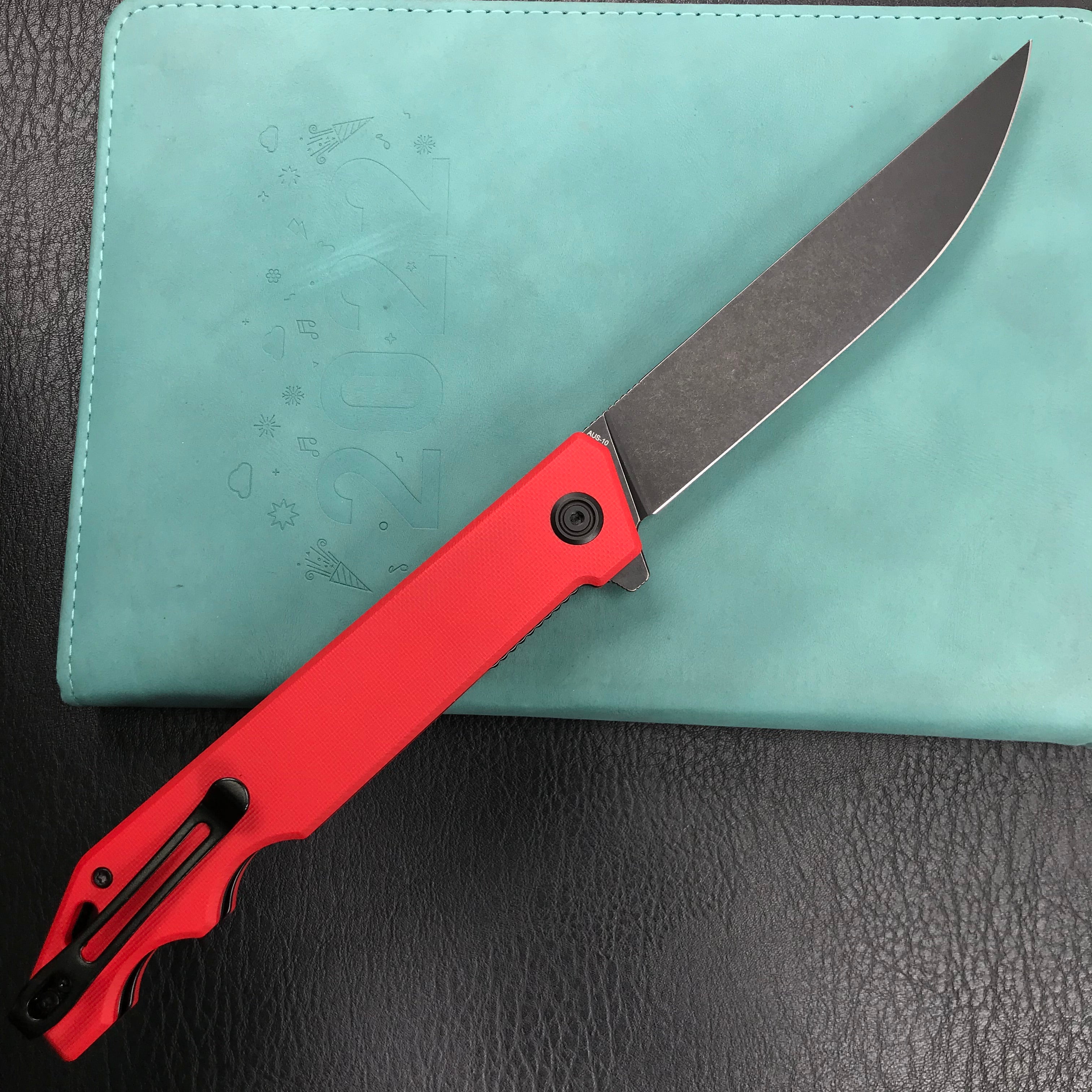 KUBEY KU253B Pylades  Cheetah Liner Lock Flipper Folding Knife Red G10 Handle 4.65" Black Stonewashed AUS-10