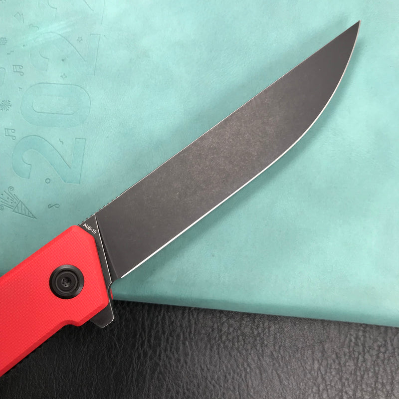 KUBEY KU253B Pylades  Cheetah Liner Lock Flipper Folding Knife Red G10 Handle 4.65" Black Stonewashed AUS-10