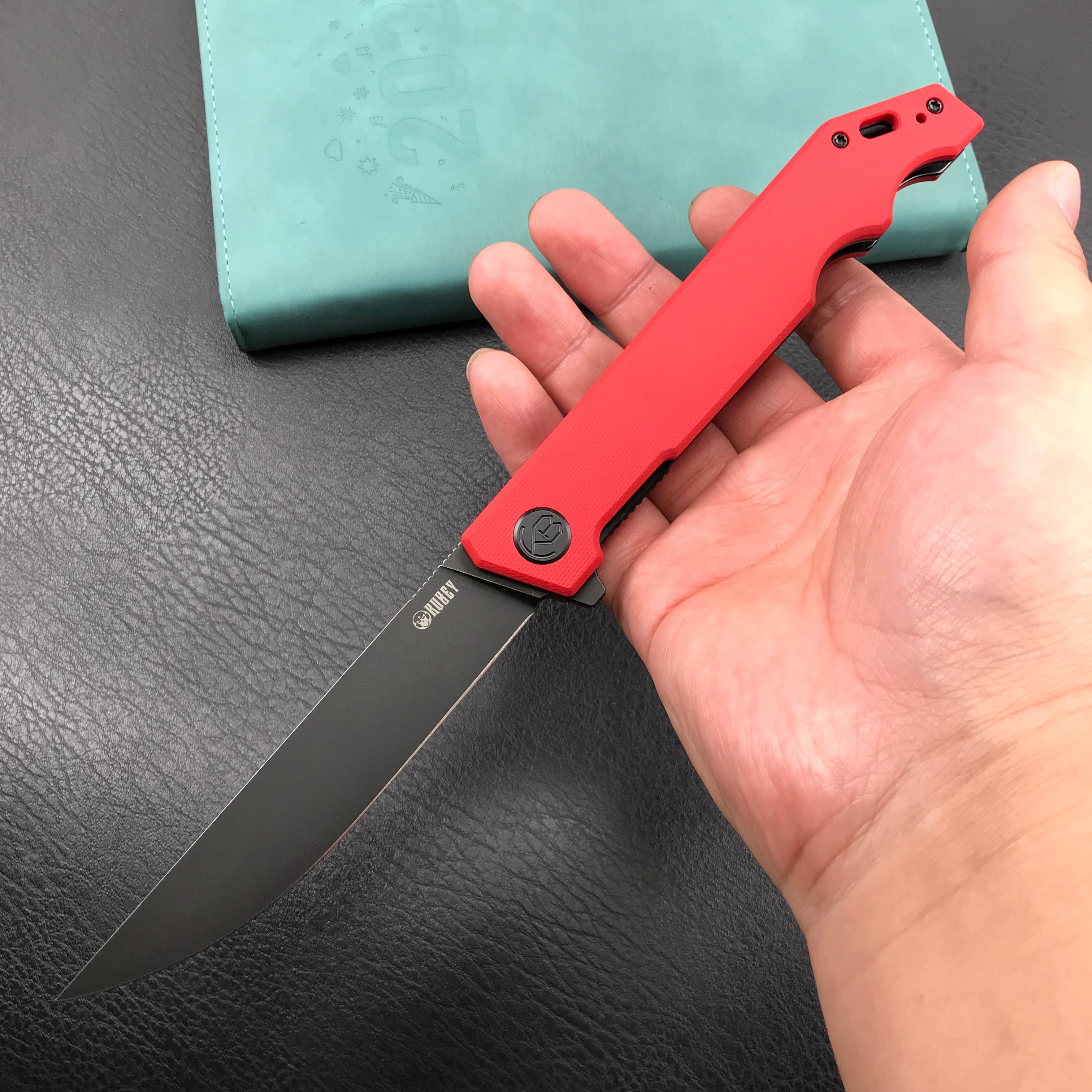 KUBEY KU253B Pylades  Cheetah Liner Lock Flipper Folding Knife Red G10 Handle 4.65" Black Stonewashed AUS-10