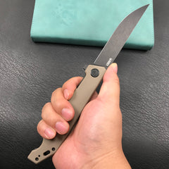 KUBEY KU253C Pylades  Cheetah Liner Lock Flipper Folding Knife Tan G10 Handle 4.65" Black Stonewashed AUS-10