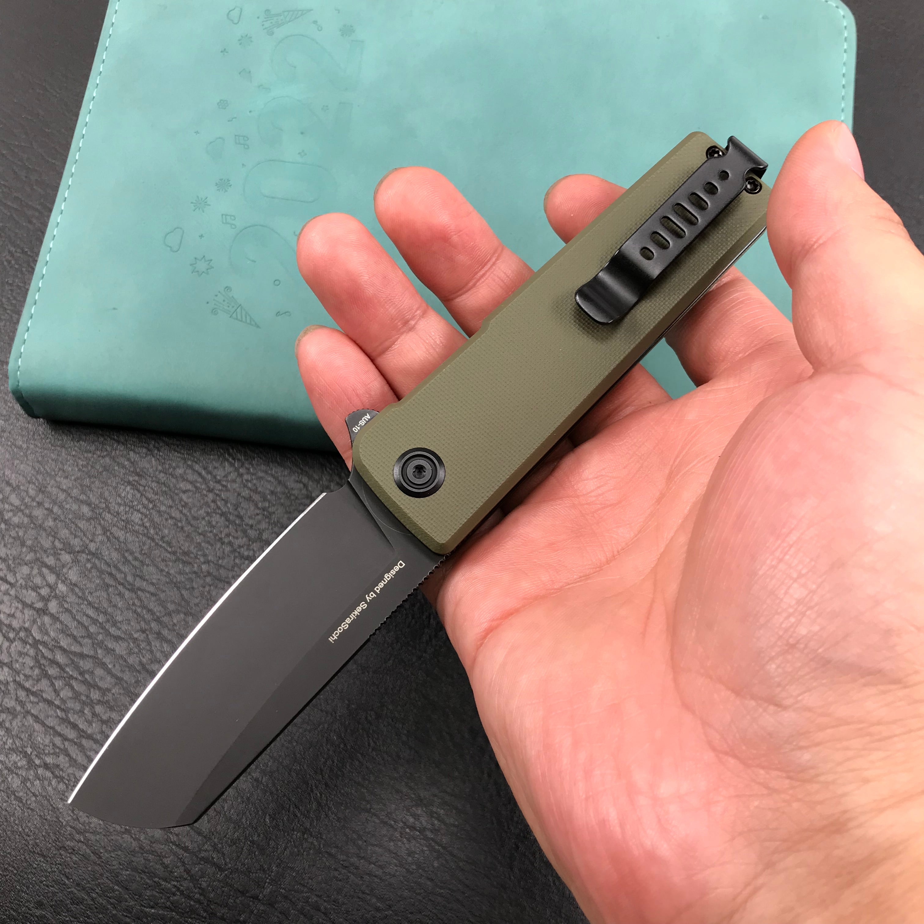 KUBEY KU317C Sailor Liner Lock Flipper Outdoor Pocket Knife Green G10 Handle 3.11" Black Stonewashe AUS-10