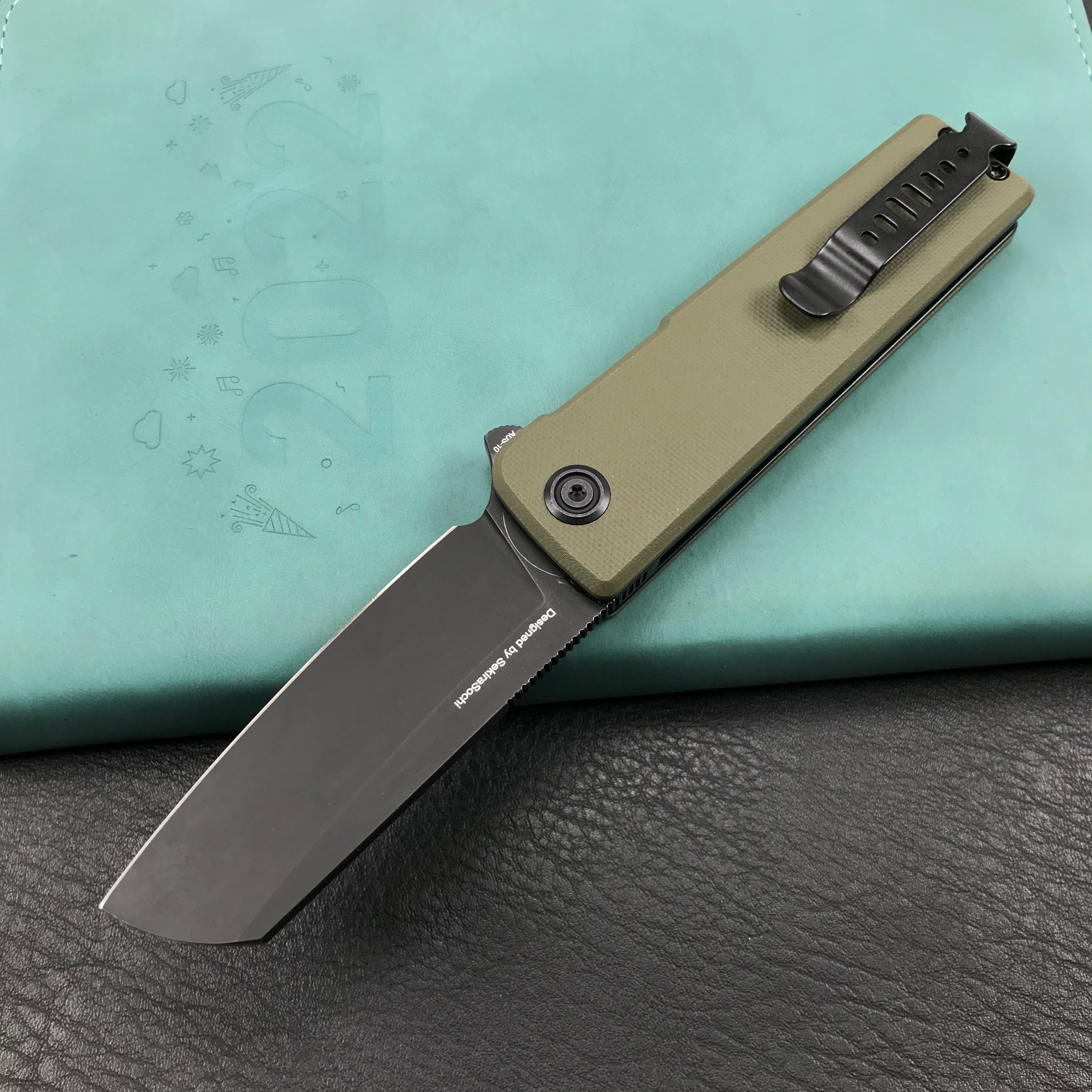 KUBEY KU317C Sailor Liner Lock Flipper Outdoor Pocket Knife Green G10 Handle 3.11" Black Stonewashe AUS-10