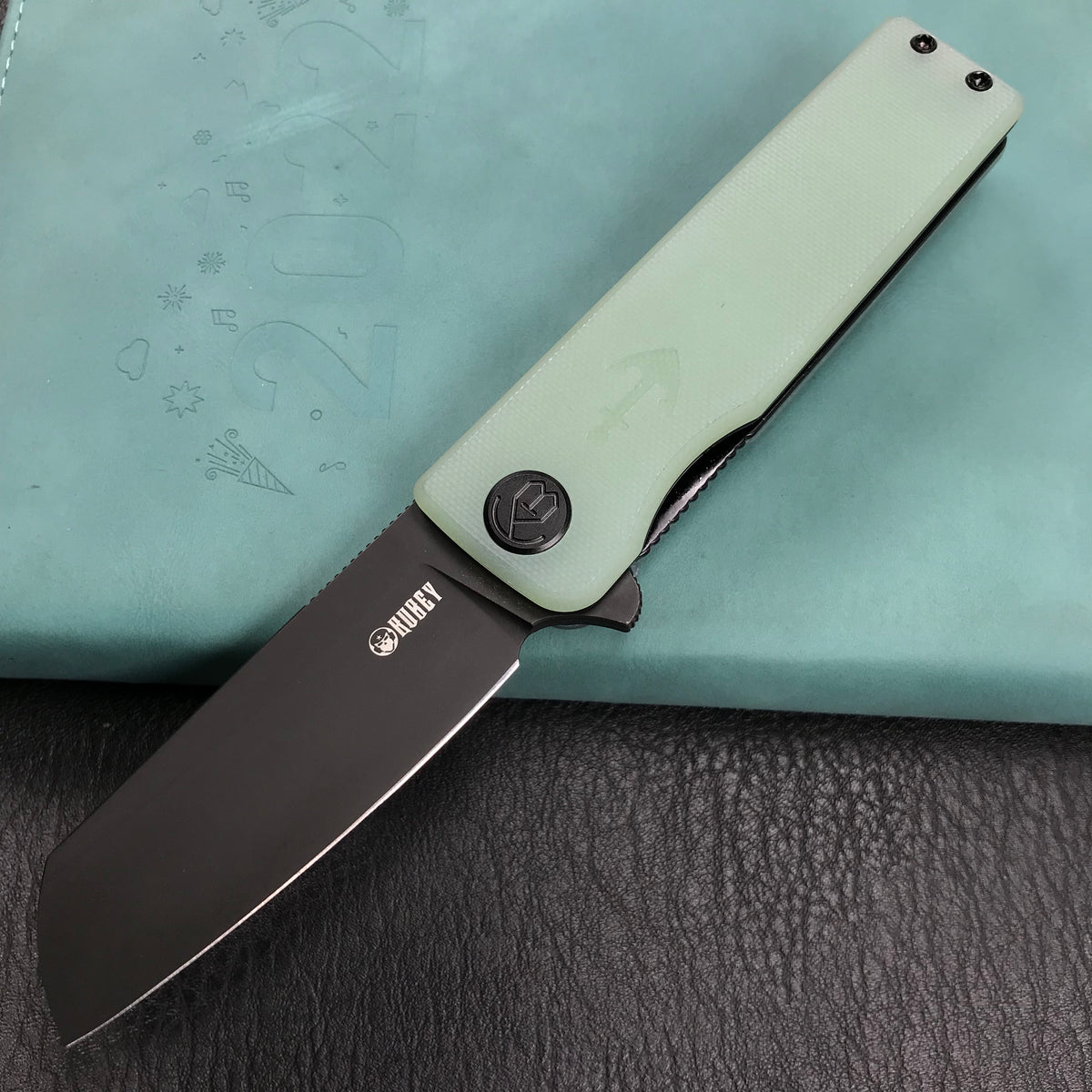 KUBEY KU317D Sailor Liner Lock Flipper Outdoor Pocket Knife Translucent Jade G10 Handle 3.11" Black Stonewashe AUS-10