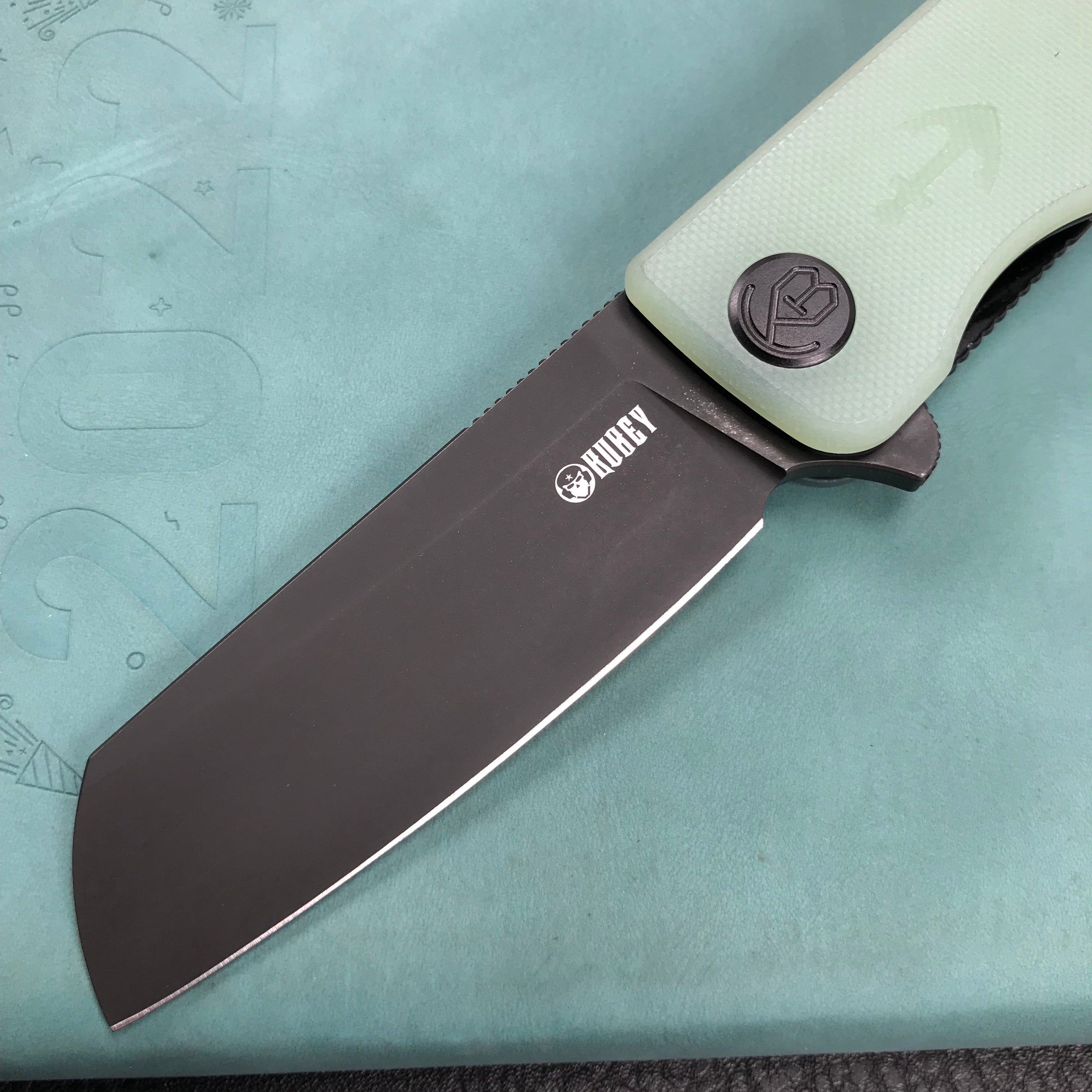 KUBEY KU317D Sailor Liner Lock Flipper Outdoor Pocket Knife Translucent Jade G10 Handle 3.11" Black Stonewashe AUS-10