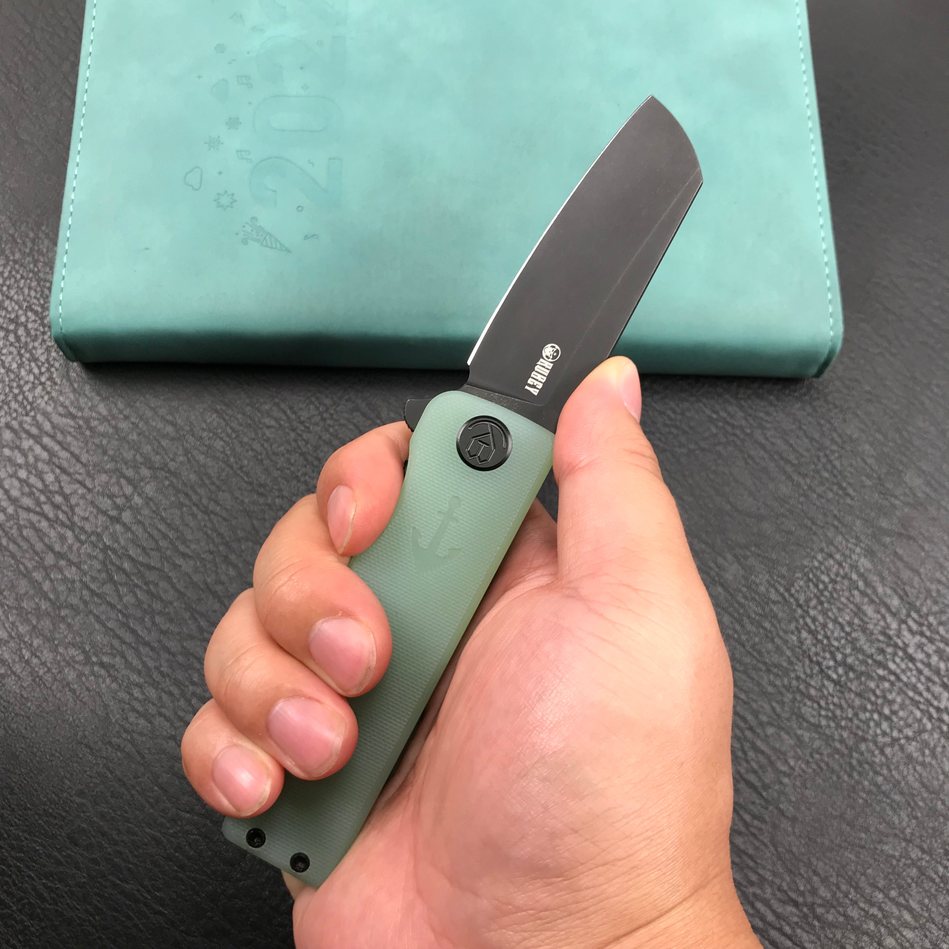 KUBEY KU317D Sailor Liner Lock Flipper Outdoor Pocket Knife Translucent Jade G10 Handle 3.11" Black Stonewashe AUS-10