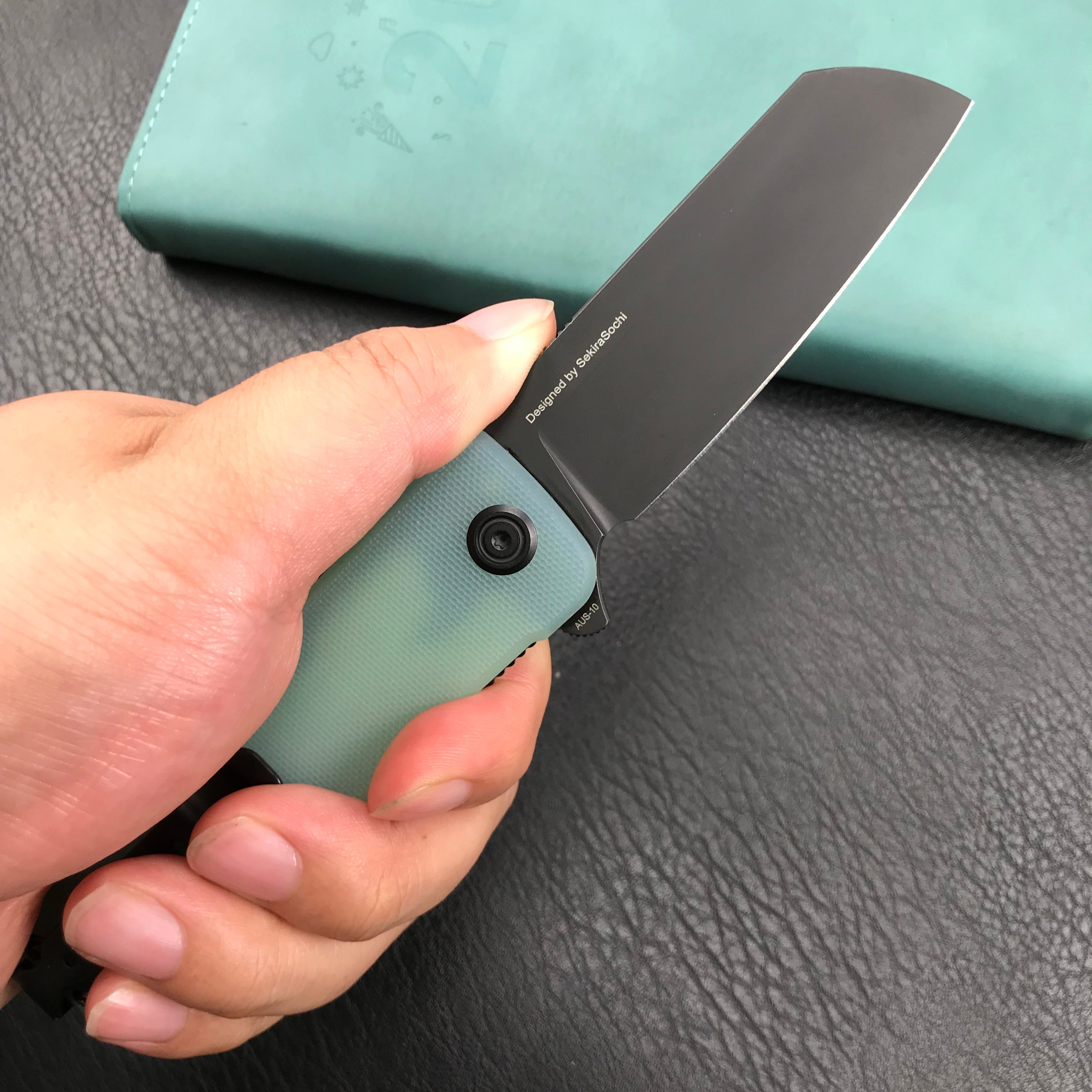 KUBEY KU317D Sailor Liner Lock Flipper Outdoor Pocket Knife Translucent Jade G10 Handle 3.11" Black Stonewashe AUS-10