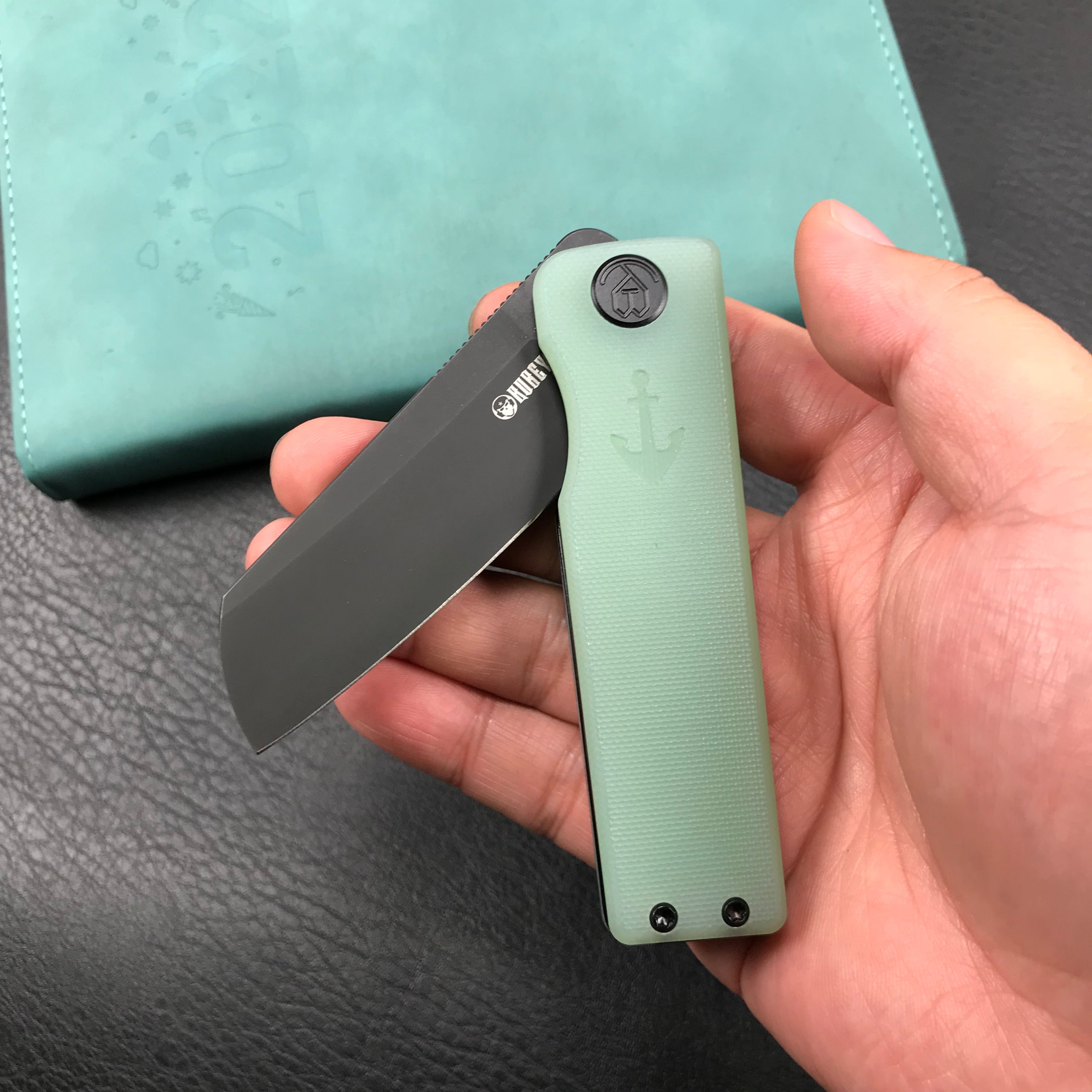 KUBEY KU317D Sailor Liner Lock Flipper Outdoor Pocket Knife Translucent Jade G10 Handle 3.11" Black Stonewashe AUS-10