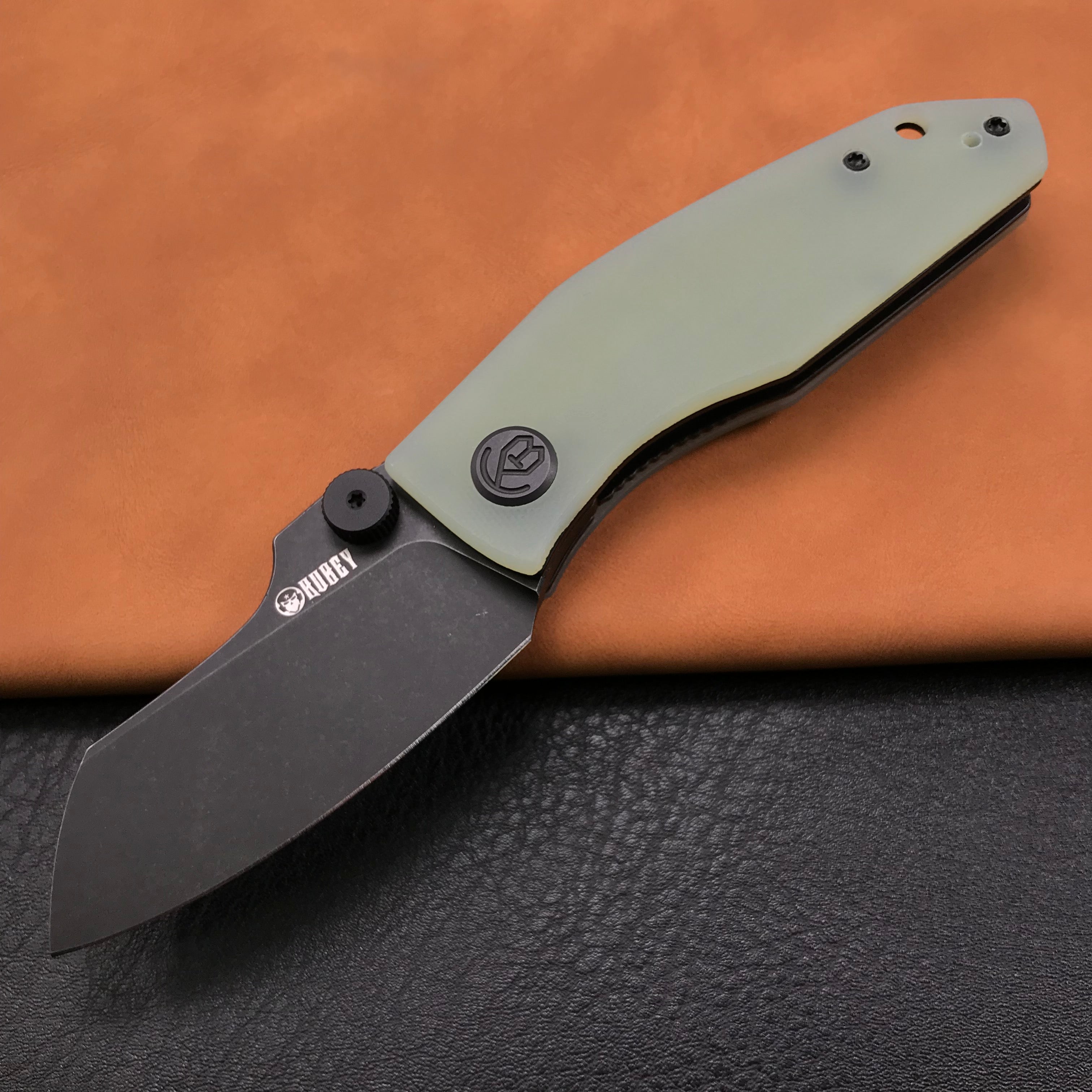 KUBEY KU337C Monsterdog Liner Lock Folding Knife Jade G10 Handle 2.95" Dark Stonewashed 14C28N