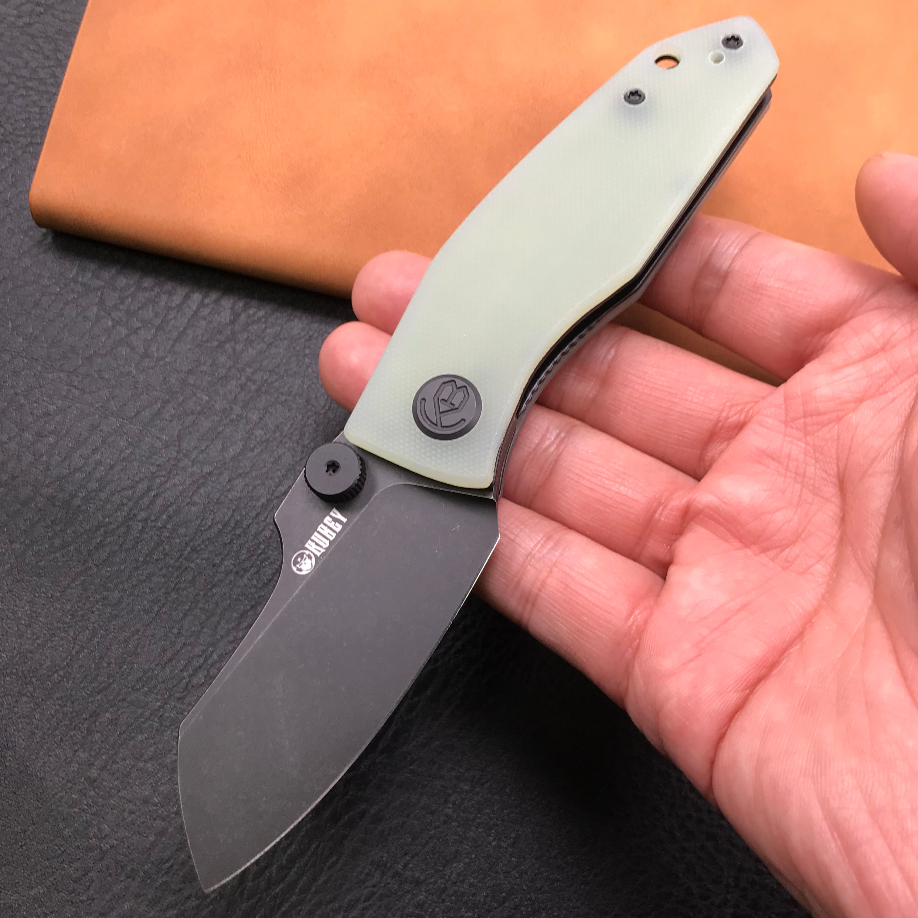 KUBEY KU337C Monsterdog Liner Lock Folding Knife Jade G10 Handle 2.95" Dark Stonewashed 14C28N