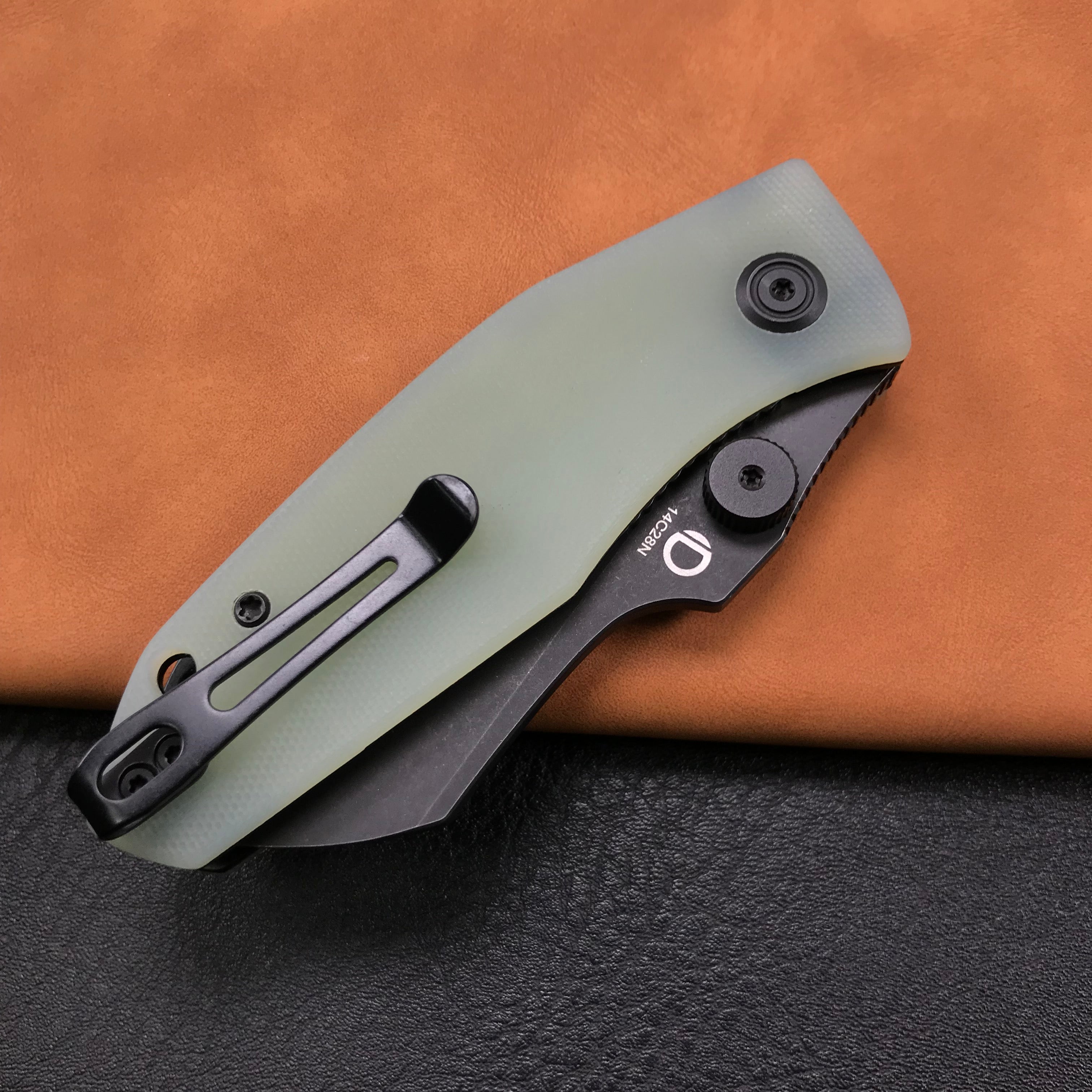 KUBEY KU337C Monsterdog Liner Lock Folding Knife Jade G10 Handle 2.95" Dark Stonewashed 14C28N