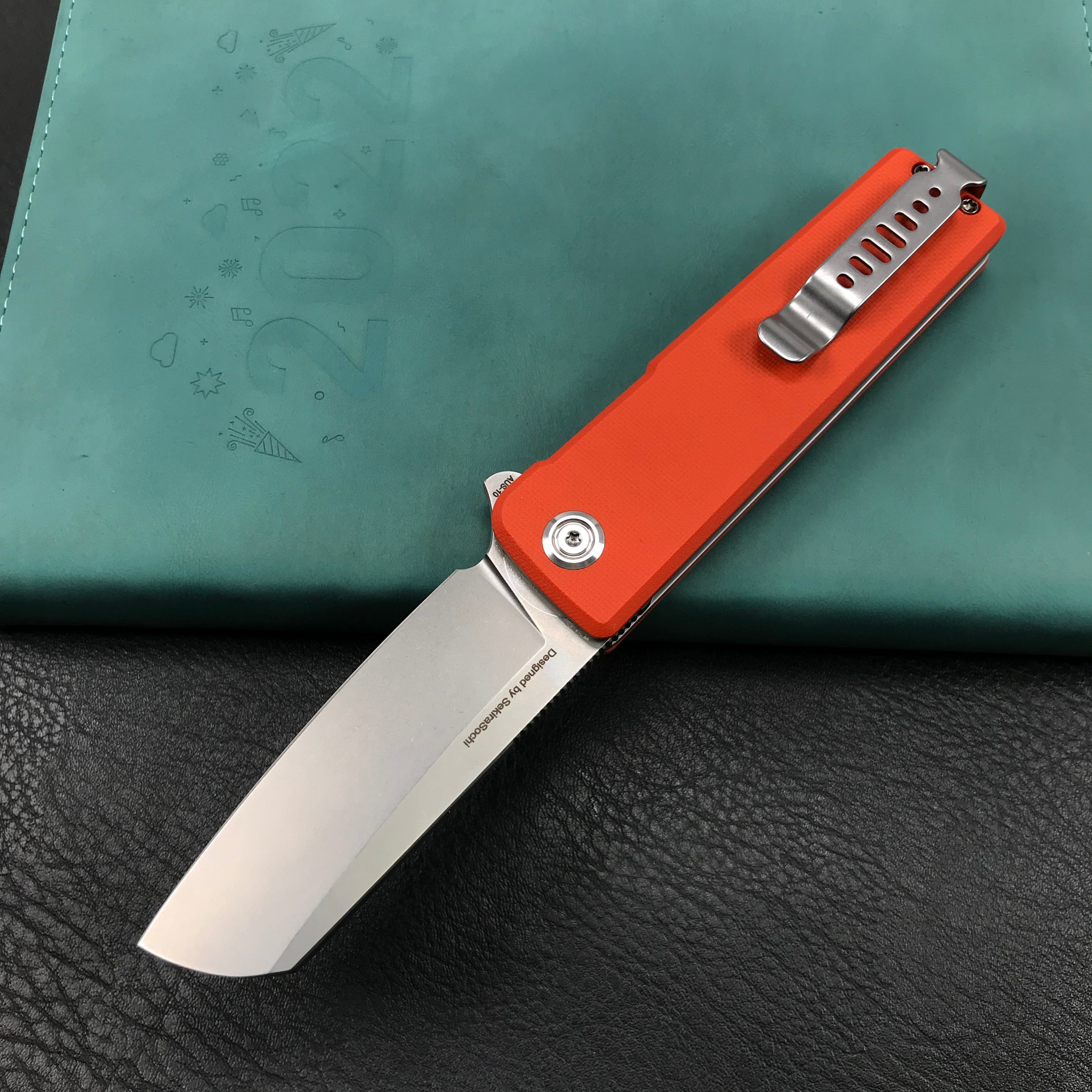 KUBEY KU317G Sailor Liner Lock Flipper Outdoor Pocket Knife Orange G10 Handle 3.11" Blasted Stonewashed AUS-10