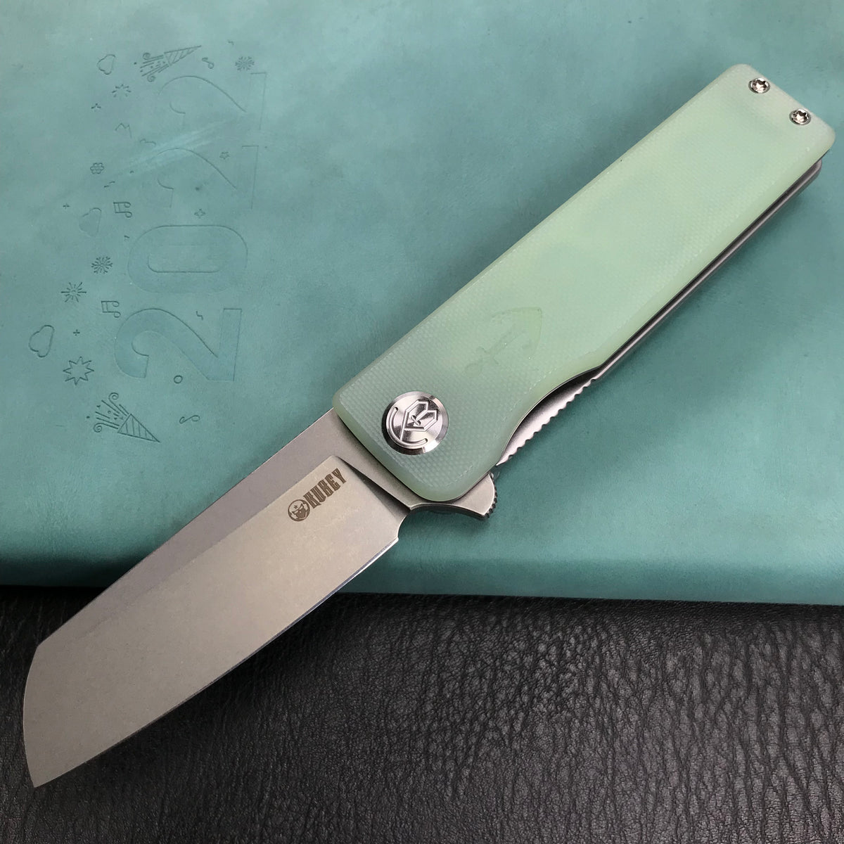 KUBEY KU317E Sailor Liner Lock Flipper Outdoor Pocket Knife Translucent  Jade G10 Handle 3.11" Blasted Stonewashed AUS-10