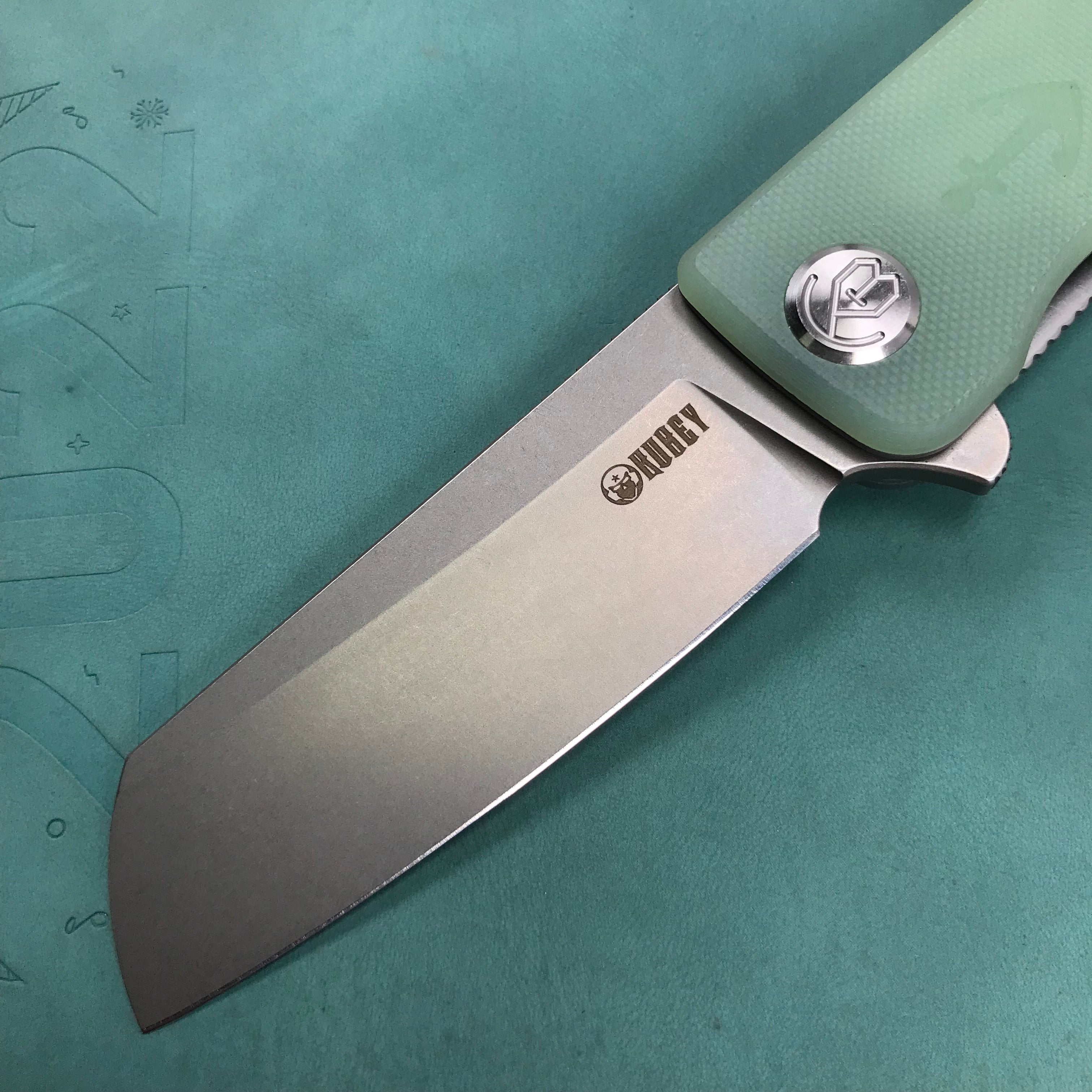 KUBEY KU317E Sailor Liner Lock Flipper Outdoor Pocket Knife Translucent  Jade G10 Handle 3.11" Blasted Stonewashed AUS-10