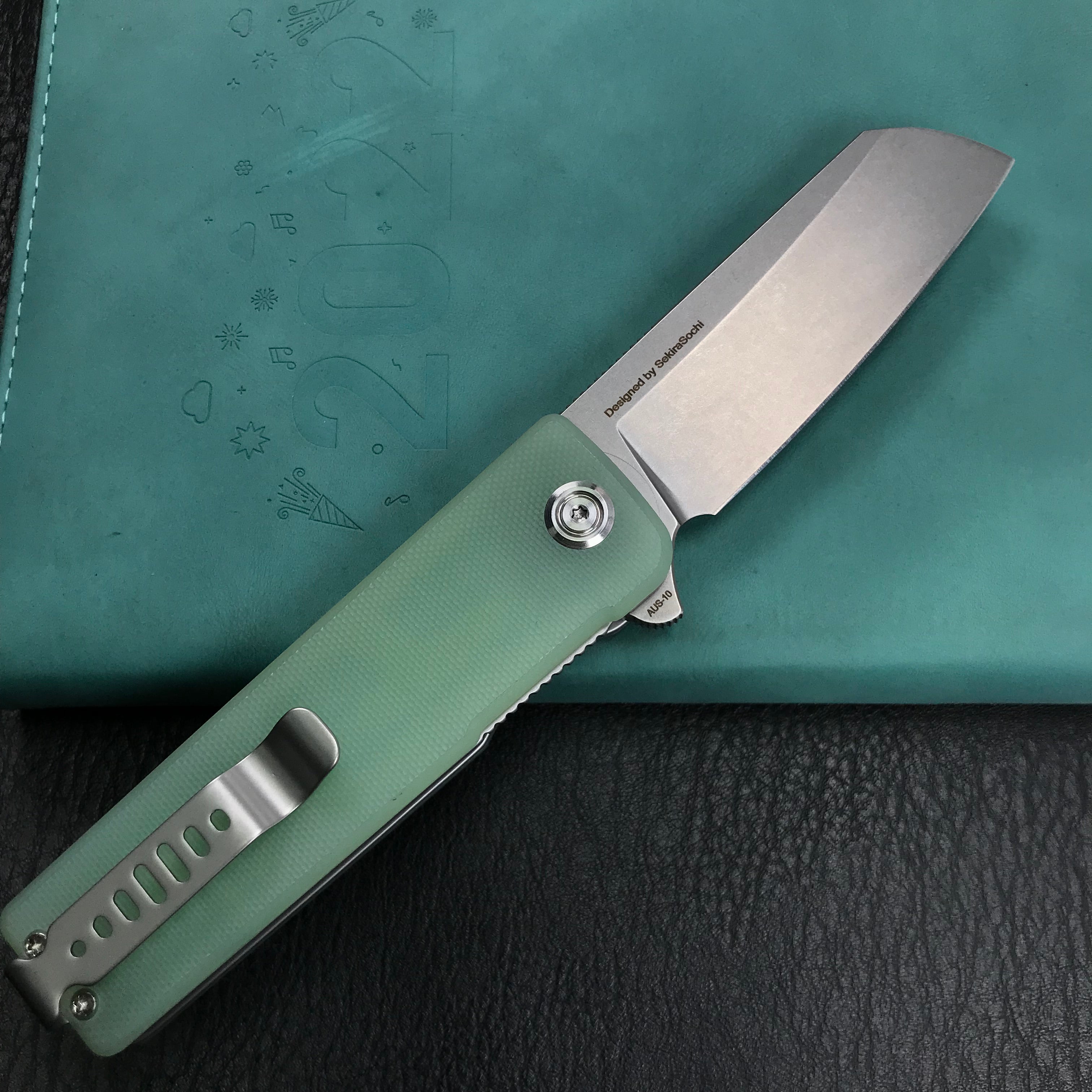 KUBEY KU317E Sailor Liner Lock Flipper Outdoor Pocket Knife Translucent  Jade G10 Handle 3.11" Blasted Stonewashed AUS-10