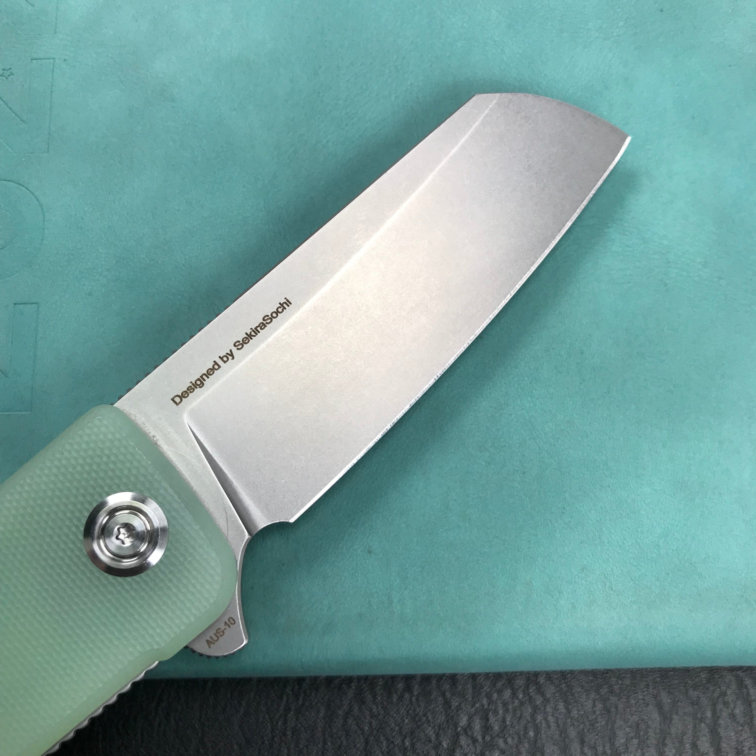 KUBEY KU317E Sailor Liner Lock Flipper Outdoor Pocket Knife Translucent  Jade G10 Handle 3.11" Blasted Stonewashed AUS-10