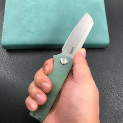 KUBEY KU317E Sailor Liner Lock Flipper Outdoor Pocket Knife Translucent  Jade G10 Handle 3.11" Blasted Stonewashed AUS-10