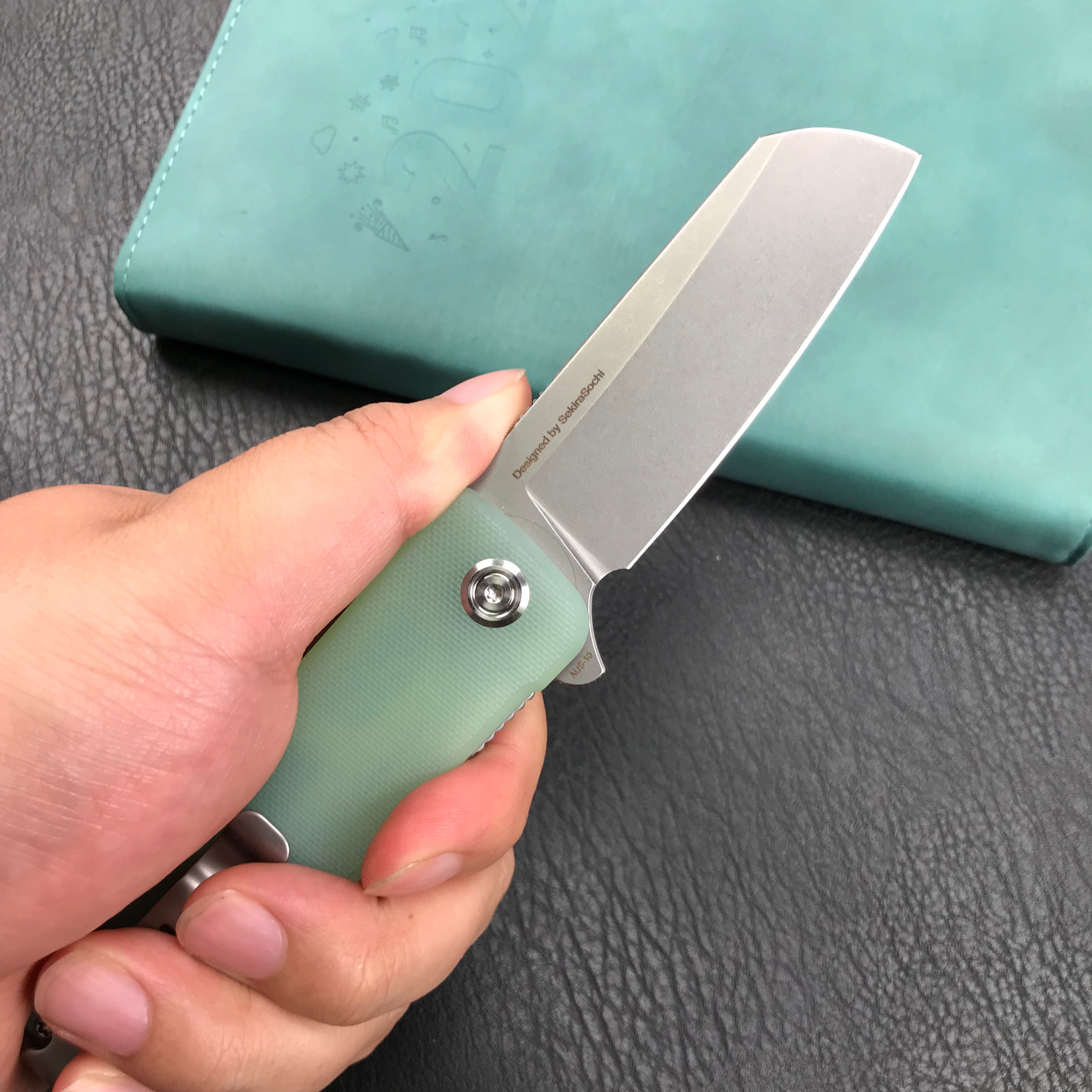 KUBEY KU317E Sailor Liner Lock Flipper Outdoor Pocket Knife Translucent  Jade G10 Handle 3.11" Blasted Stonewashed AUS-10