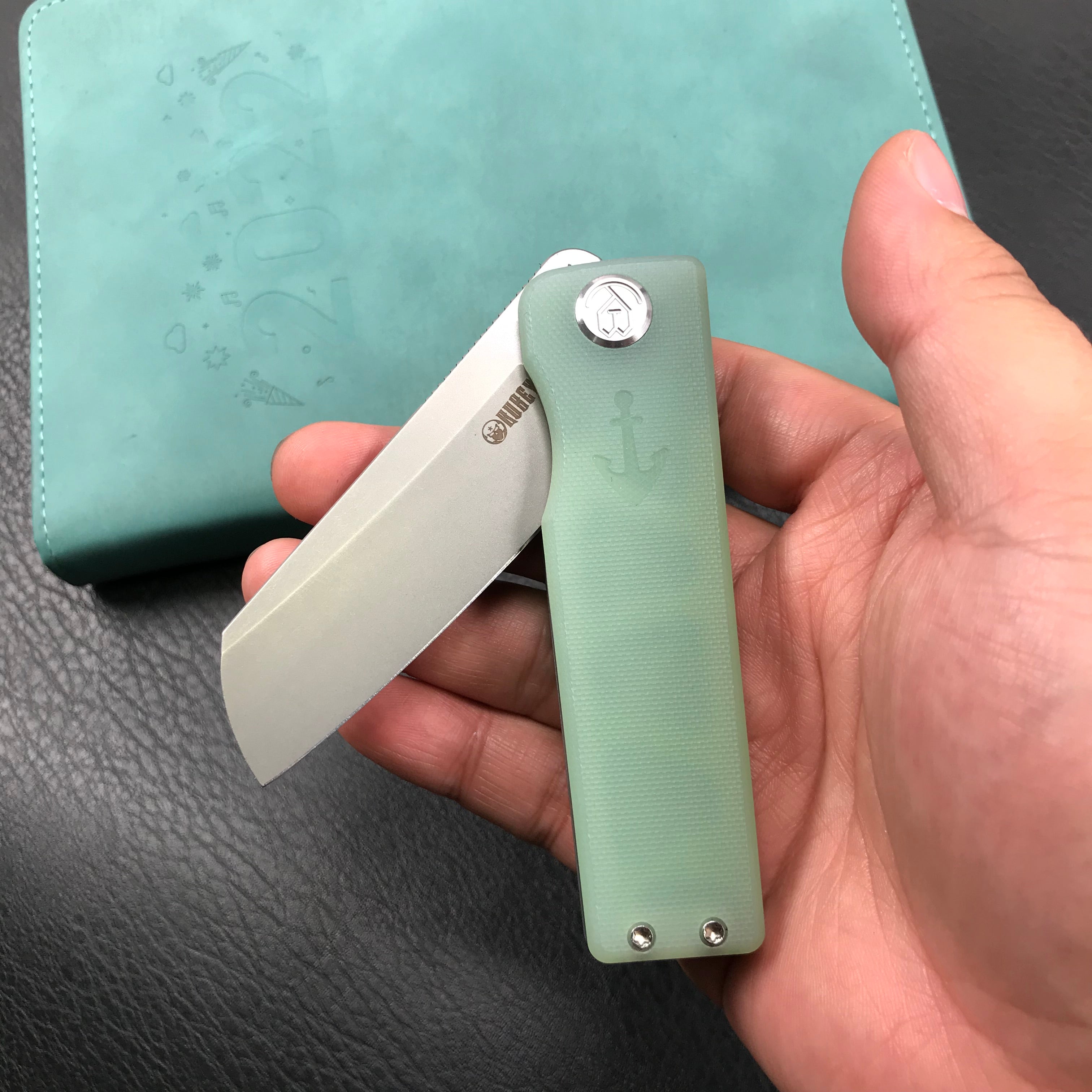 KUBEY KU317E Sailor Liner Lock Flipper Outdoor Pocket Knife Translucent  Jade G10 Handle 3.11" Blasted Stonewashed AUS-10