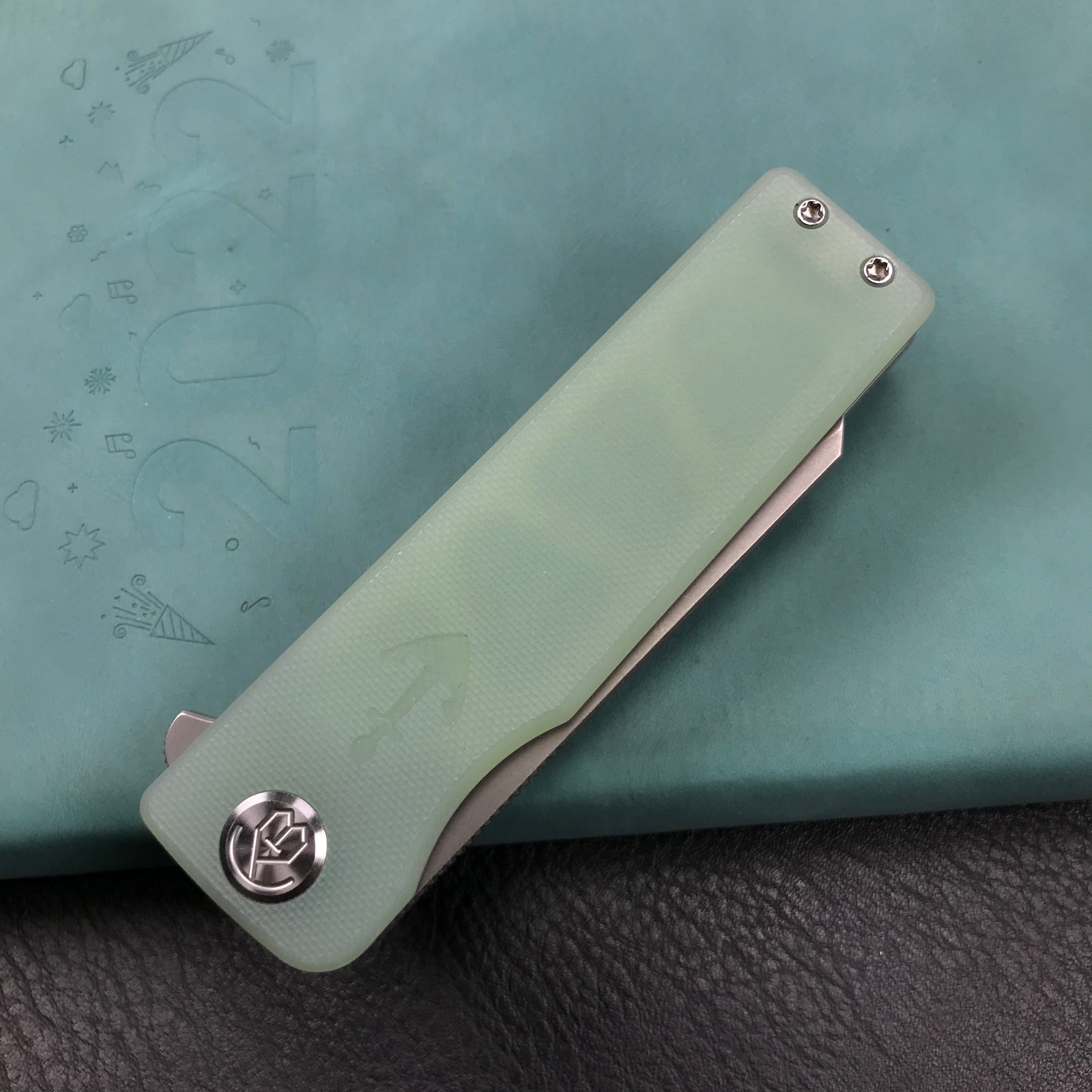 KUBEY KU317E Sailor Liner Lock Flipper Outdoor Pocket Knife Translucent  Jade G10 Handle 3.11" Blasted Stonewashed AUS-10