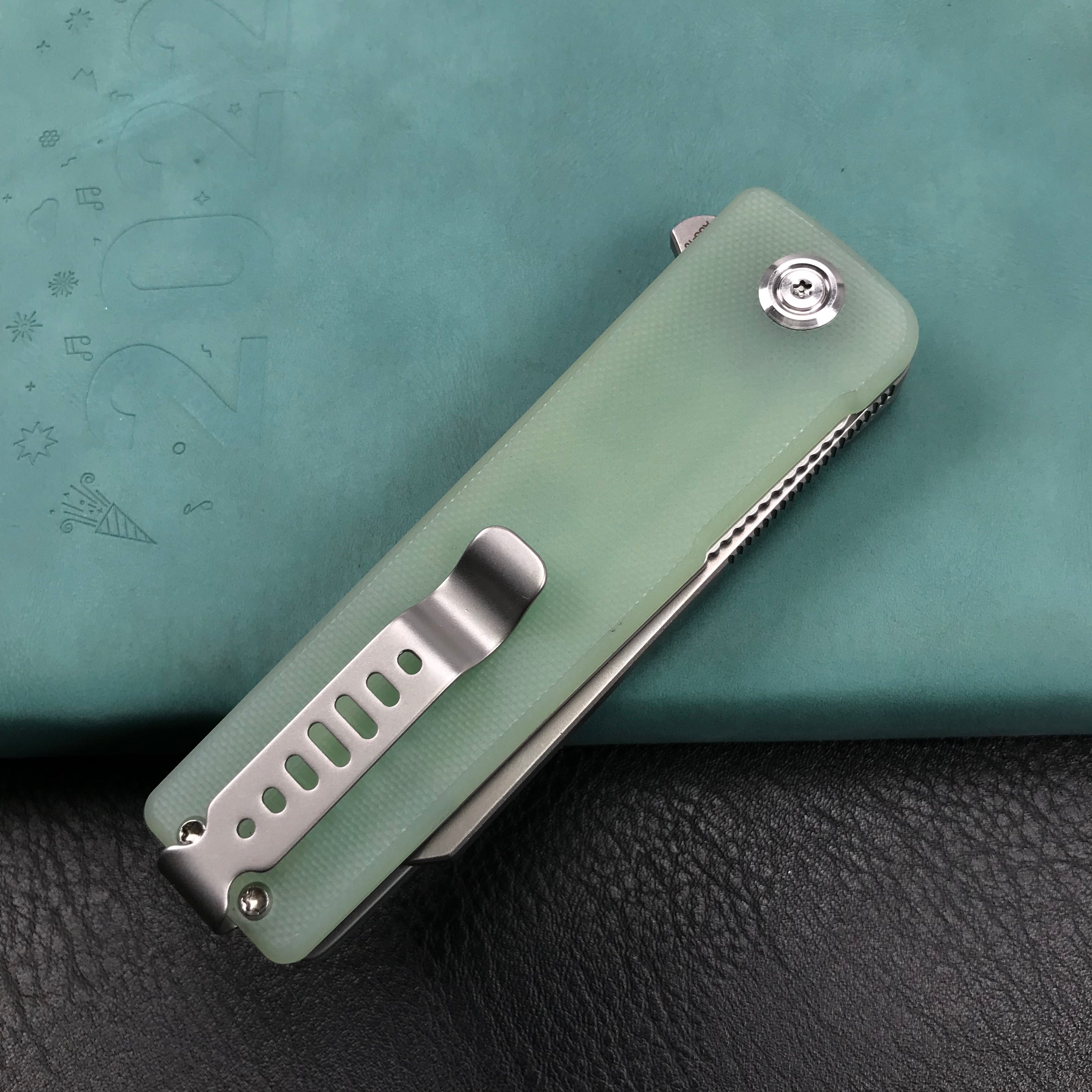 KUBEY KU317E Sailor Liner Lock Flipper Outdoor Pocket Knife Translucent  Jade G10 Handle 3.11" Blasted Stonewashed AUS-10