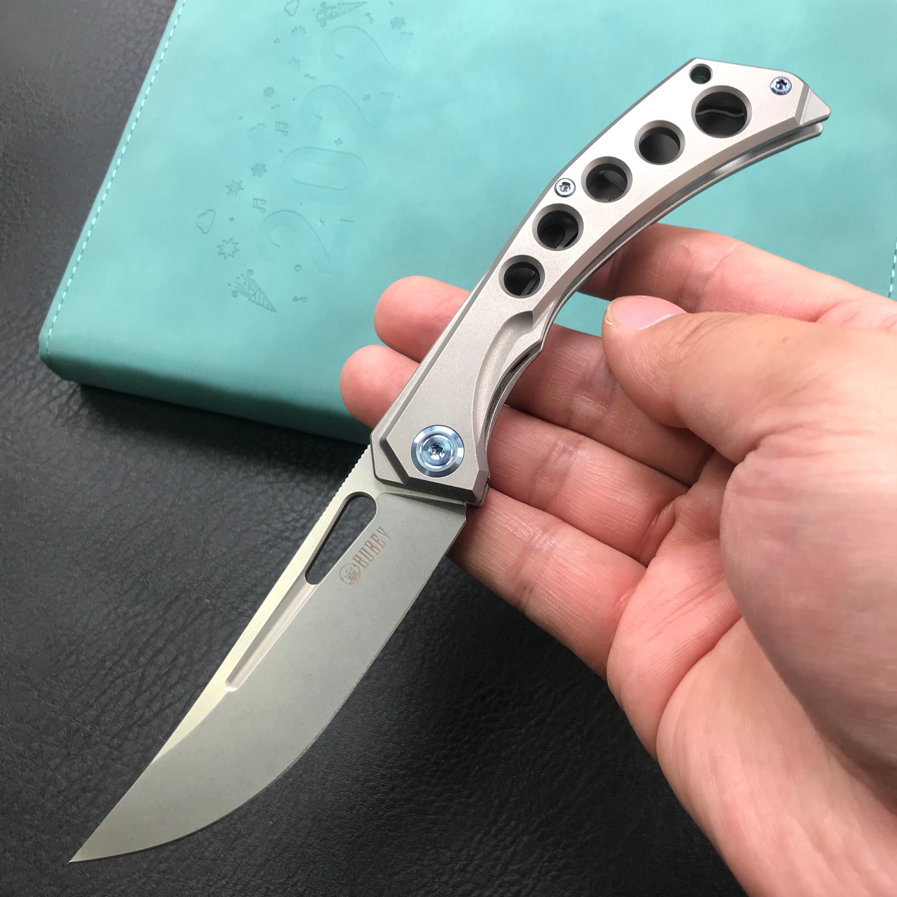 KUBEY Ishtar KU170C EDC Folding Knife [3.5"Bead Blasted Stonewashed  6AL4V Titanium]