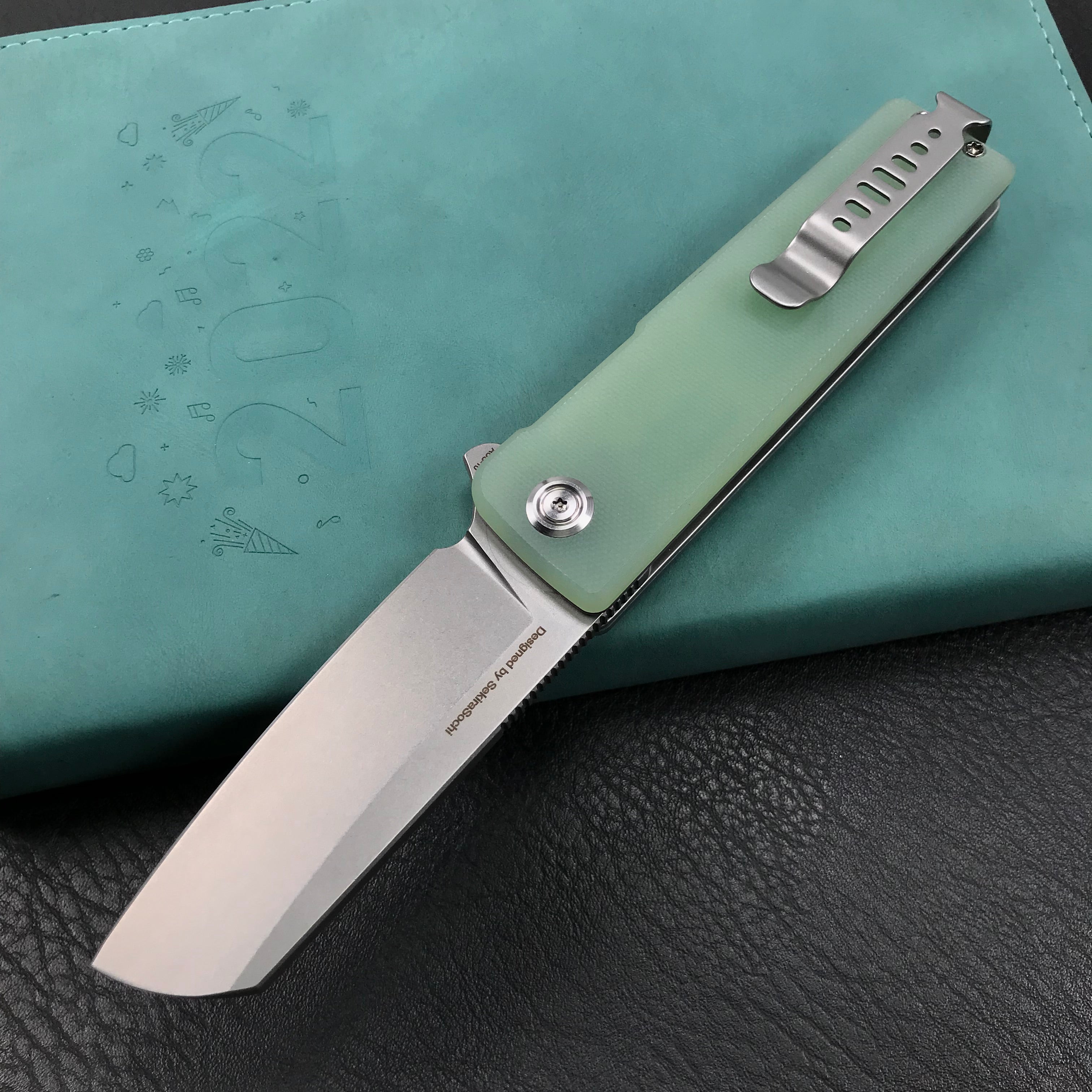 KUBEY KU317E Sailor Liner Lock Flipper Outdoor Pocket Knife Translucent  Jade G10 Handle 3.11" Blasted Stonewashed AUS-10