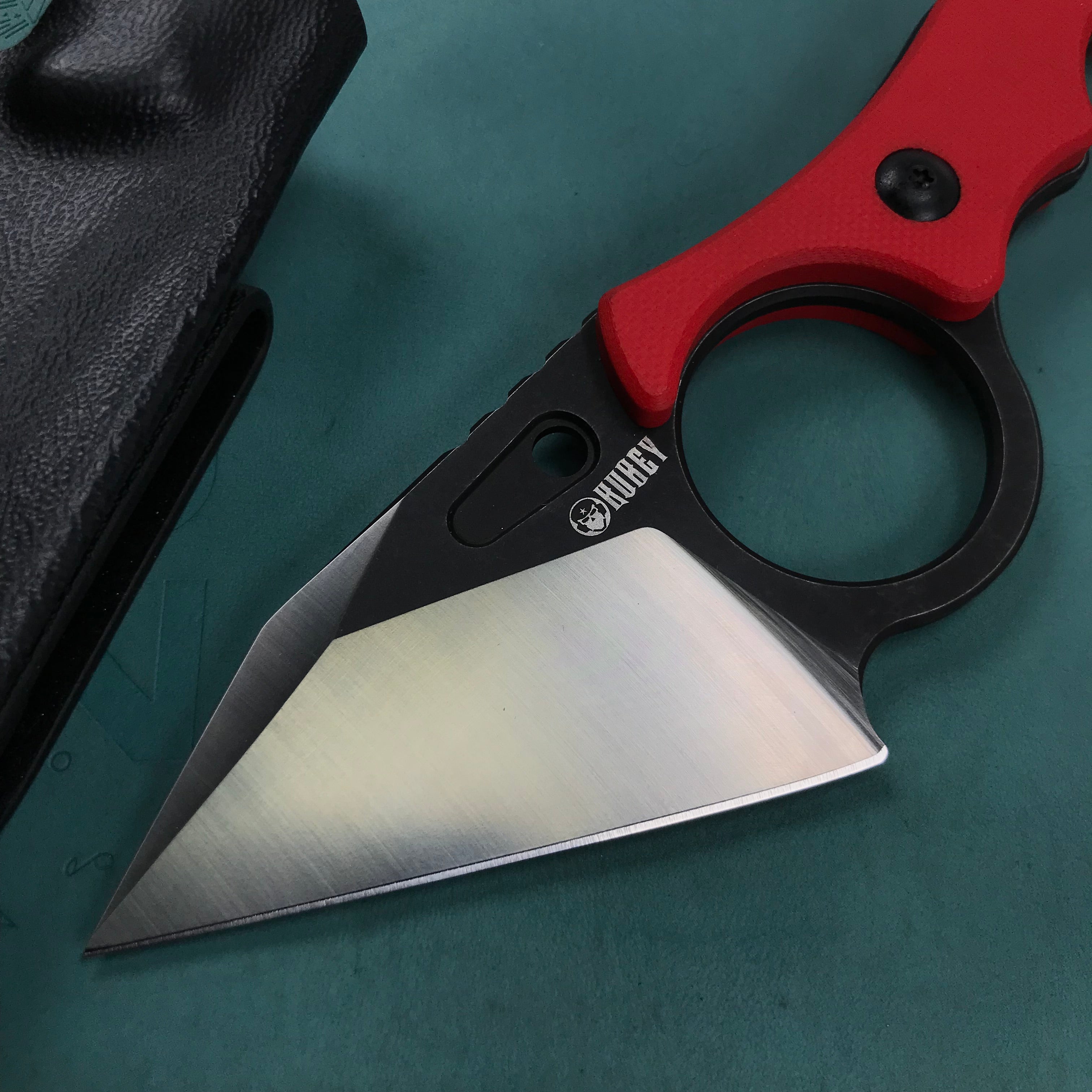 KUBEY KU166D Hippocam Fixed Blade Knife Finger Ring Red G10 Handle 2.36" Satin and Blackwash D2 Blade