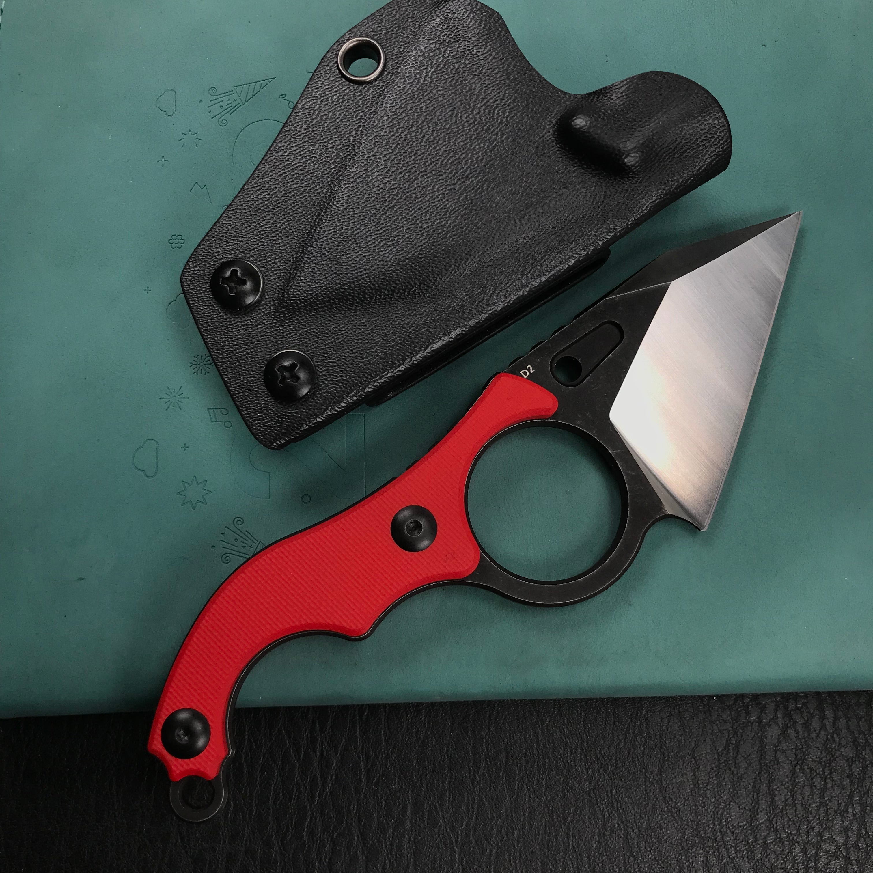 KUBEY KU166D Hippocam Fixed Blade Knife Finger Ring Red G10 Handle 2.36" Satin and Blackwash D2 Blade