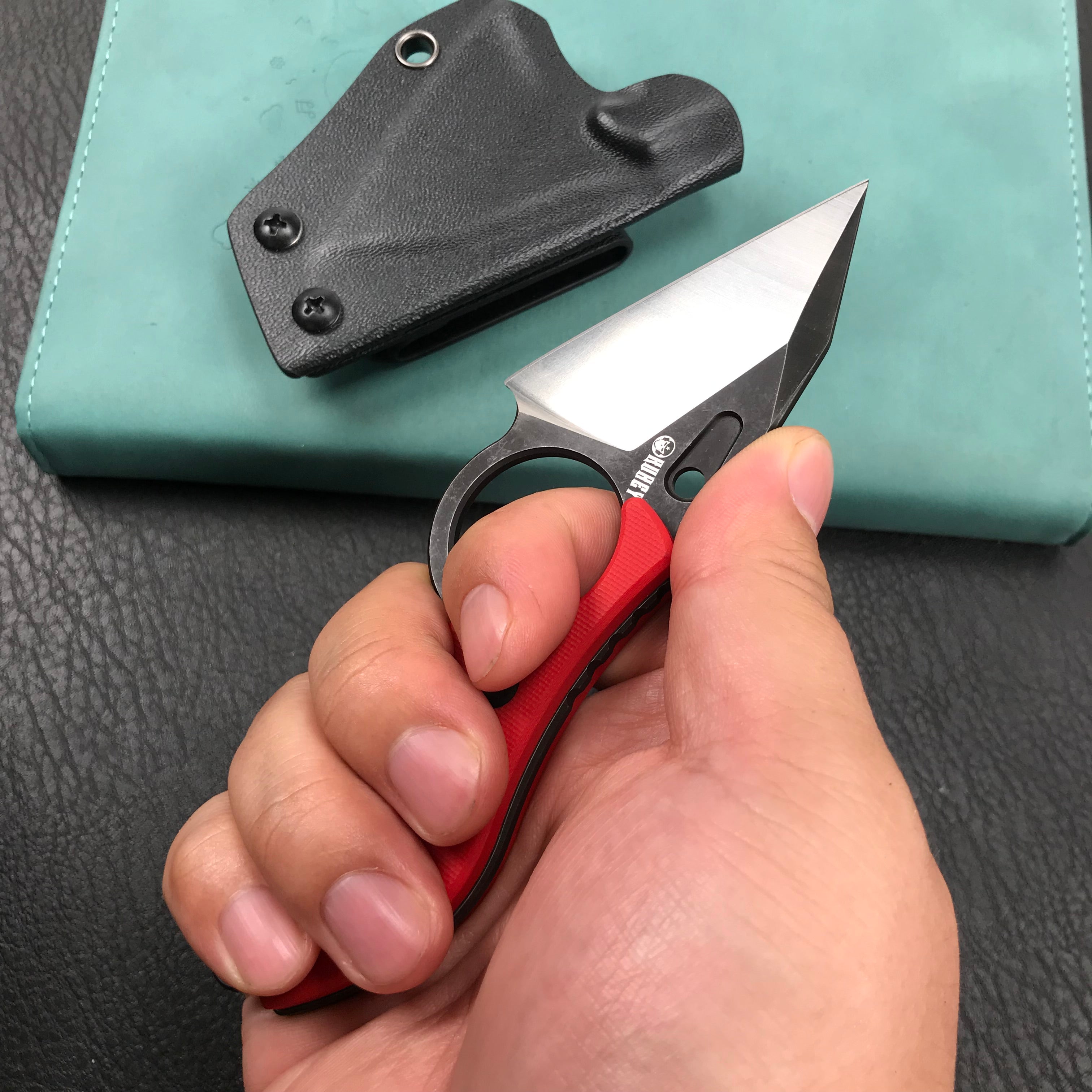 KUBEY KU166D Hippocam Fixed Blade Knife Finger Ring Red G10 Handle 2.36" Satin and Blackwash D2 Blade