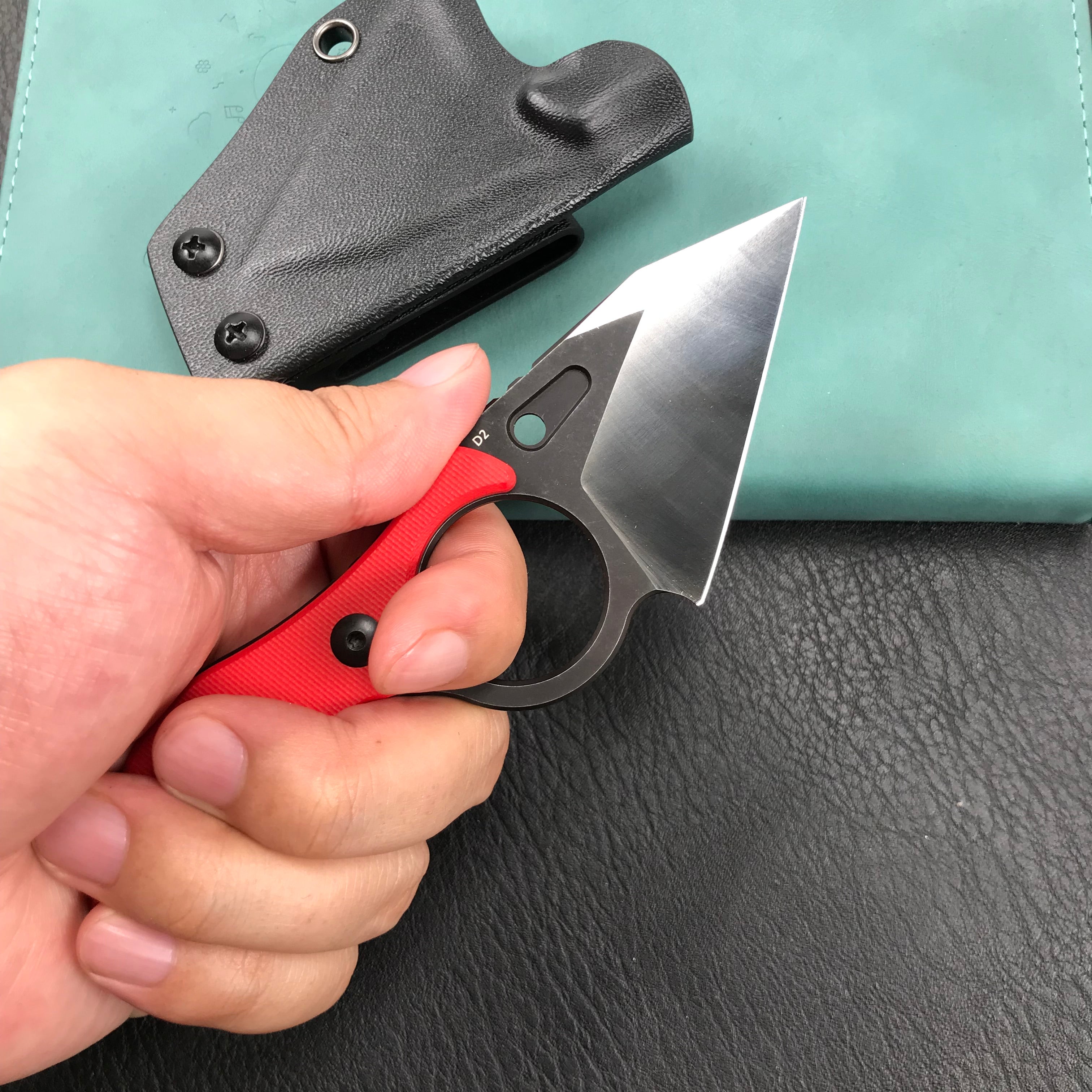 KUBEY KU166D Hippocam Fixed Blade Knife Finger Ring Red G10 Handle 2.36" Satin and Blackwash D2 Blade