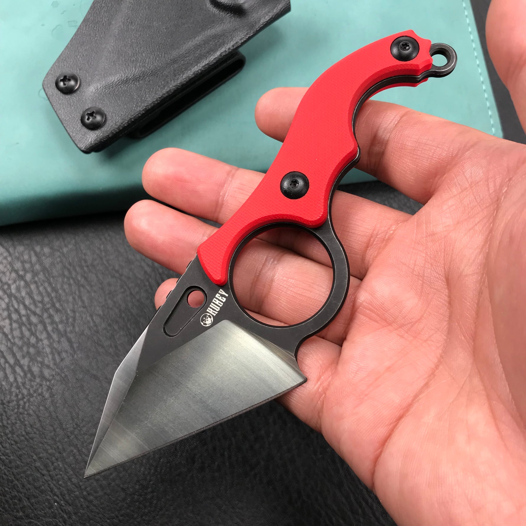 KUBEY KU166D Hippocam Fixed Blade Knife Finger Ring Red G10 Handle 2.36" Satin and Blackwash D2 Blade