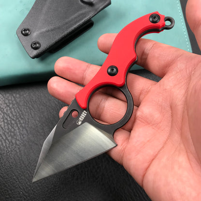 KUBEY KU166D Hippocam Fixed Blade Knife Finger Ring Red G10 Handle 2.36" Satin and Blackwash D2 Blade