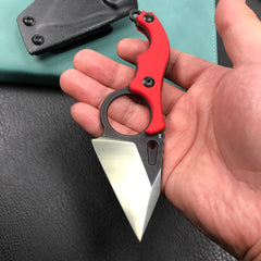 KUBEY KU166D Hippocam Fixed Blade Knife Finger Ring Red G10 Handle 2.36" Satin and Blackwash D2 Blade