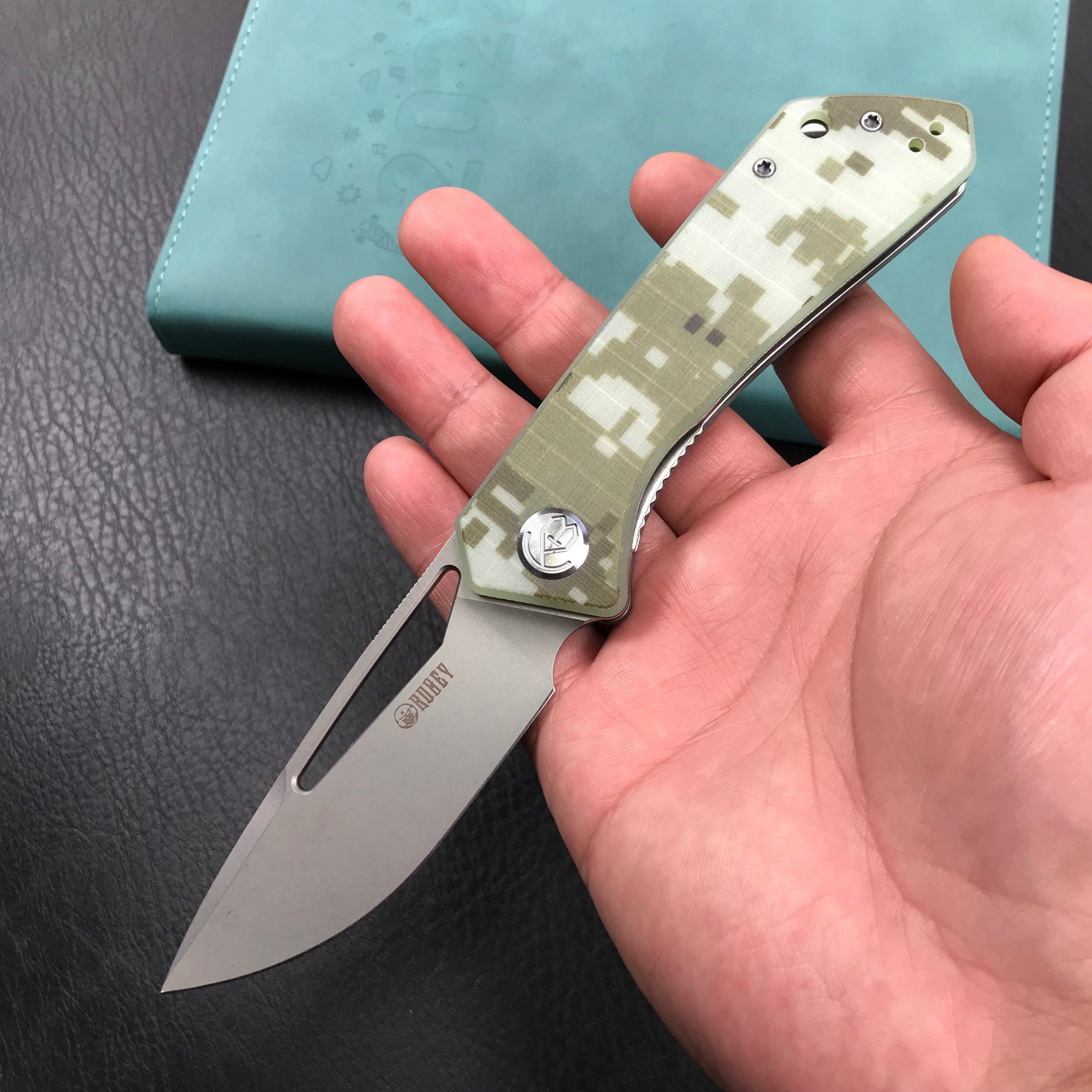 KUBEY KU331I Thalia Front Flipper EDC Pocket Folding Knife Camo G10 Handle 3.27" Bead Blasted D2