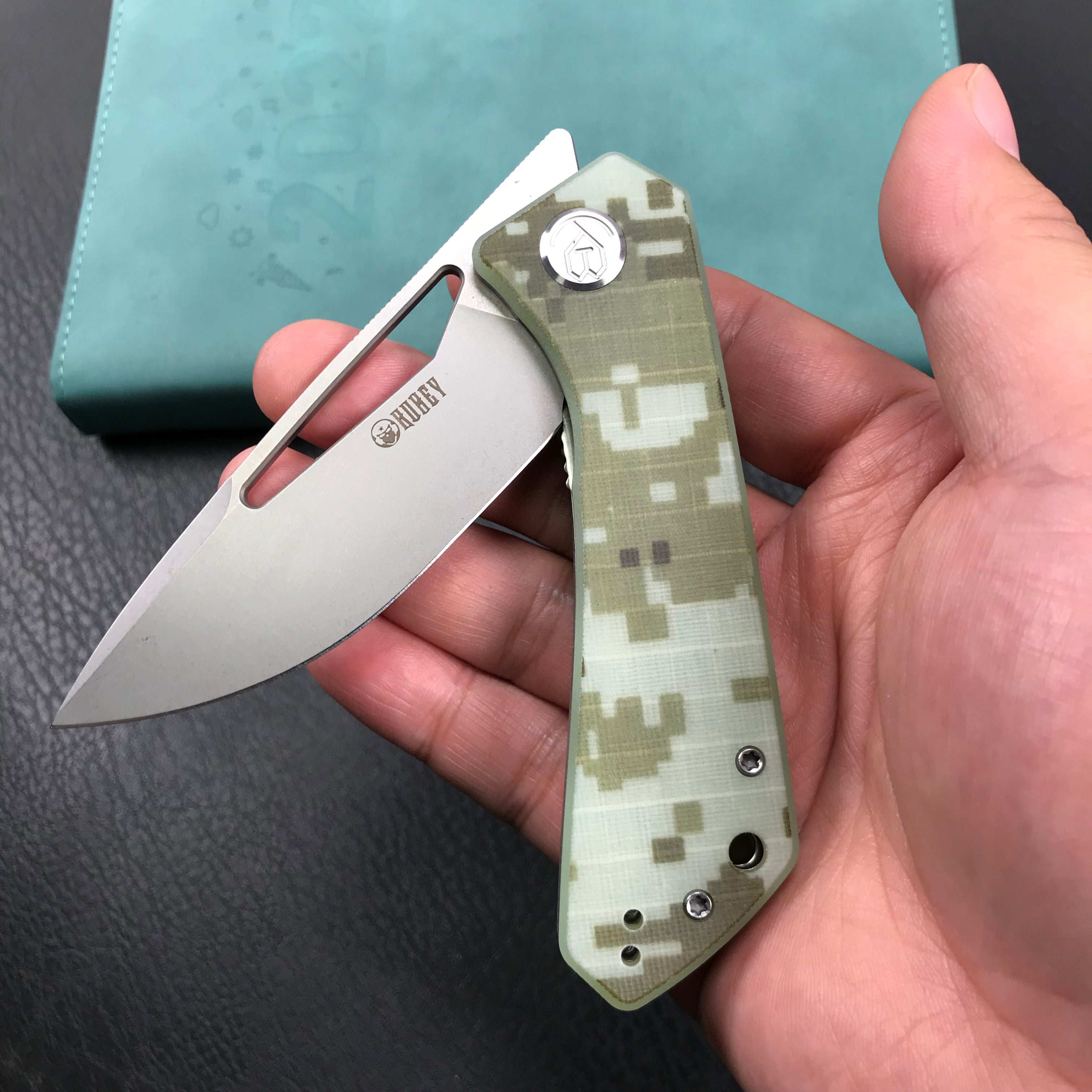 KUBEY KU331I Thalia Front Flipper EDC Pocket Folding Knife Camo G10 Handle 3.27" Bead Blasted D2