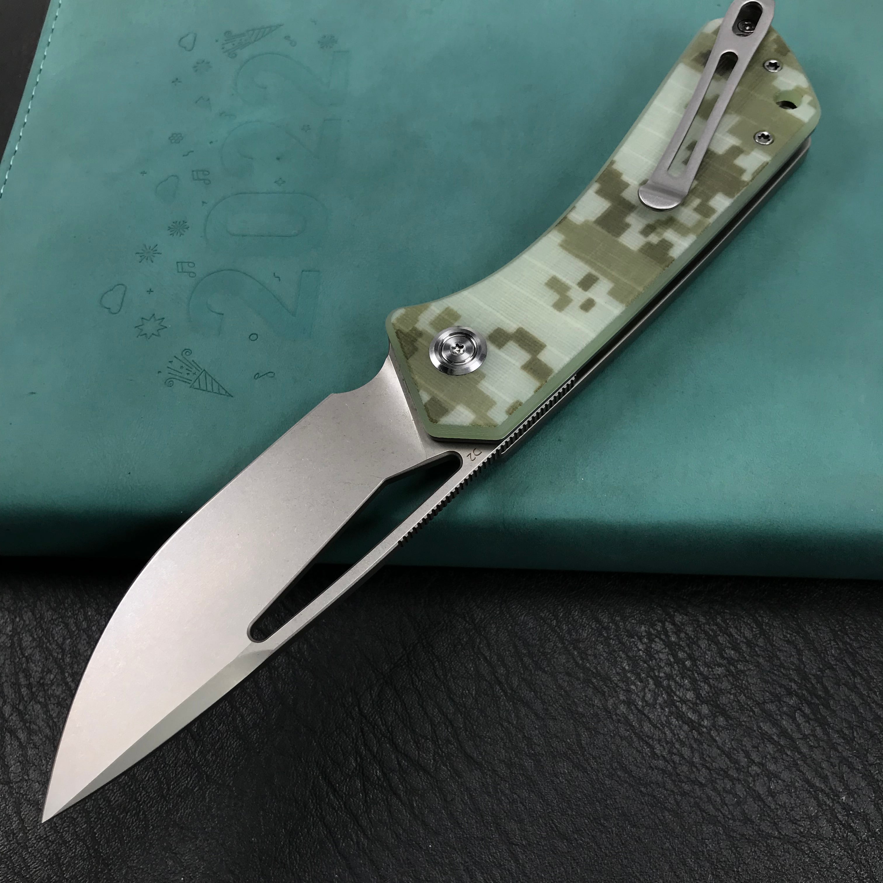 KUBEY KU331I Thalia Front Flipper EDC Pocket Folding Knife Camo G10 Handle 3.27" Bead Blasted D2