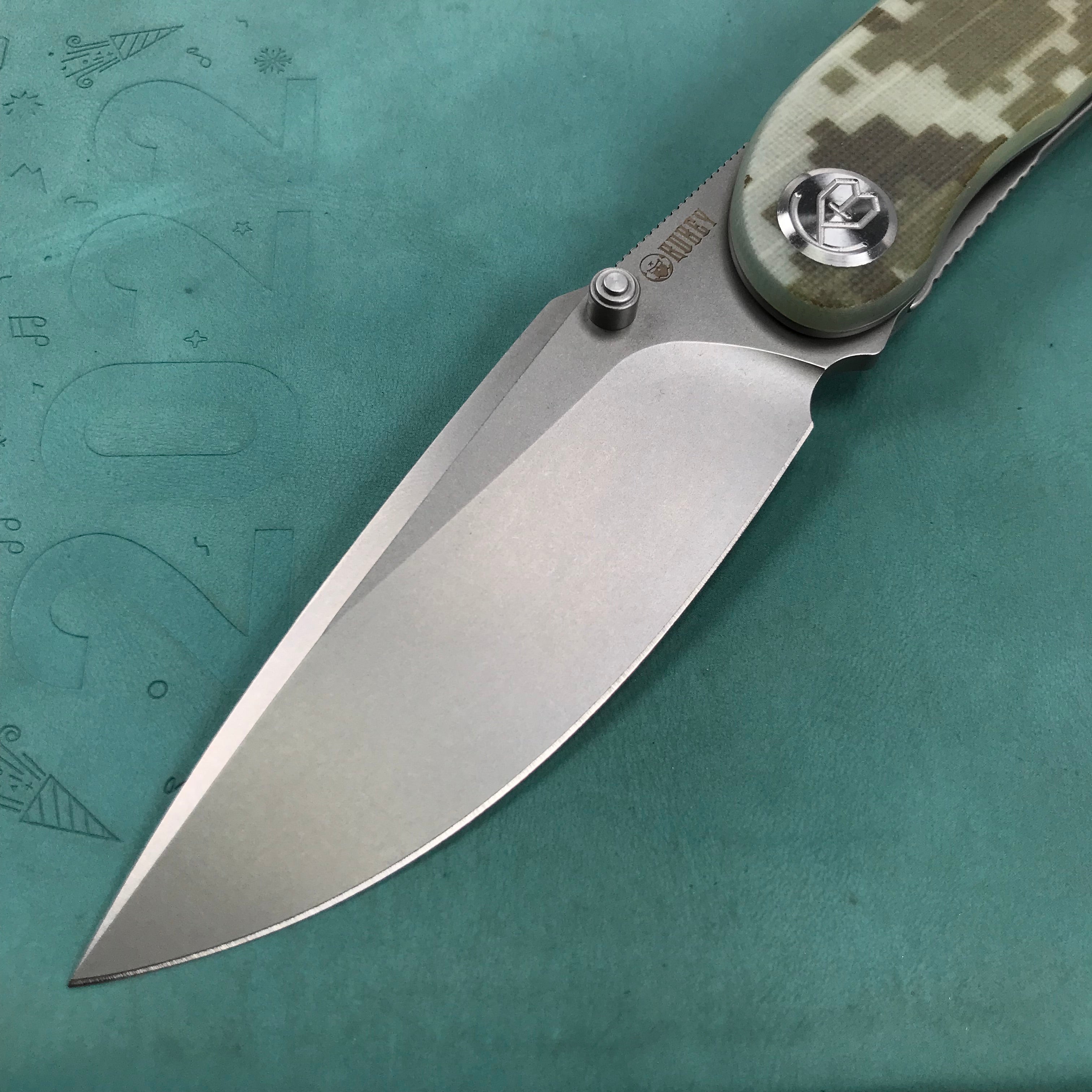 KUBEY KU344K Momentum Sherif Manganas Design Liner Lock Front Flipper / Dual Studs Open Folding Knife Digtal Camo G10 Handle 3.43" Bead Blasted AUS-10