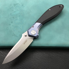 KUBEY KU314A Ruckus Liner Lock Folding Knife Blue Titanium Head and Black G10 Handle 3.31" Blasted Stonewashed AUS-10