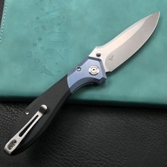 KUBEY KU314A Ruckus Liner Lock Folding Knife Blue Titanium Head and Black G10 Handle 3.31" Blasted Stonewashed AUS-10