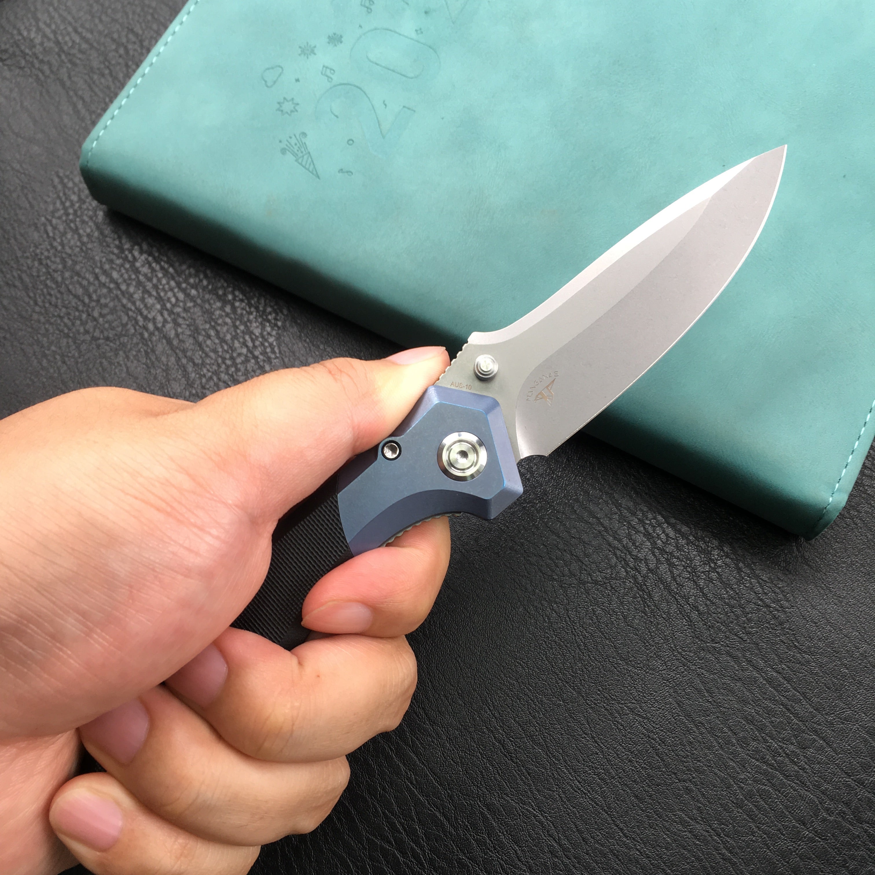 KUBEY KU314A Ruckus Liner Lock Folding Knife Blue Titanium Head and Black G10 Handle 3.31" Blasted Stonewashed AUS-10