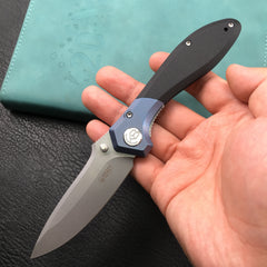 KUBEY KU314A Ruckus Liner Lock Folding Knife Blue Titanium Head and Black G10 Handle 3.31" Blasted Stonewashed AUS-10