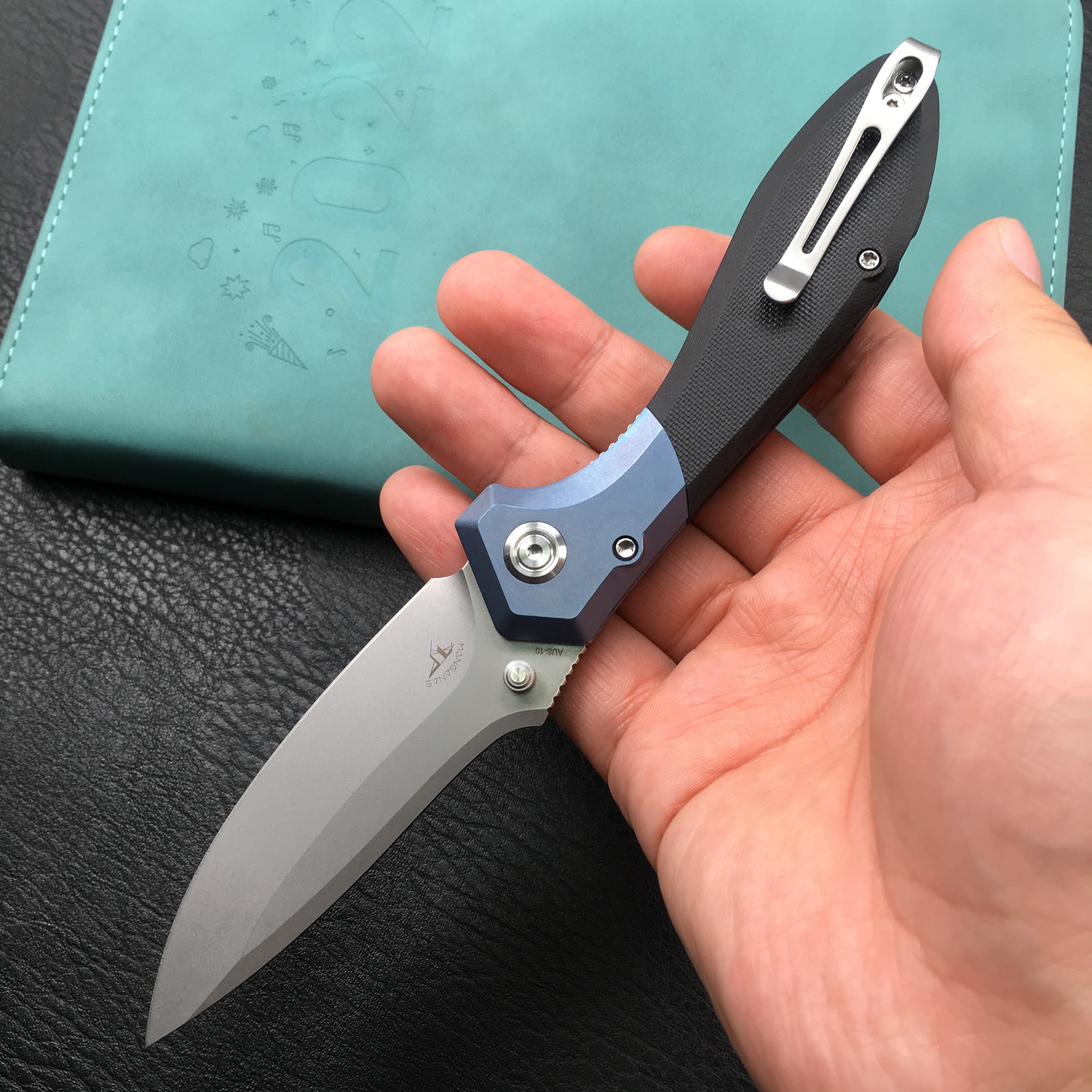 KUBEY KU314A Ruckus Liner Lock Folding Knife Blue Titanium Head and Black G10 Handle 3.31" Blasted Stonewashed AUS-10