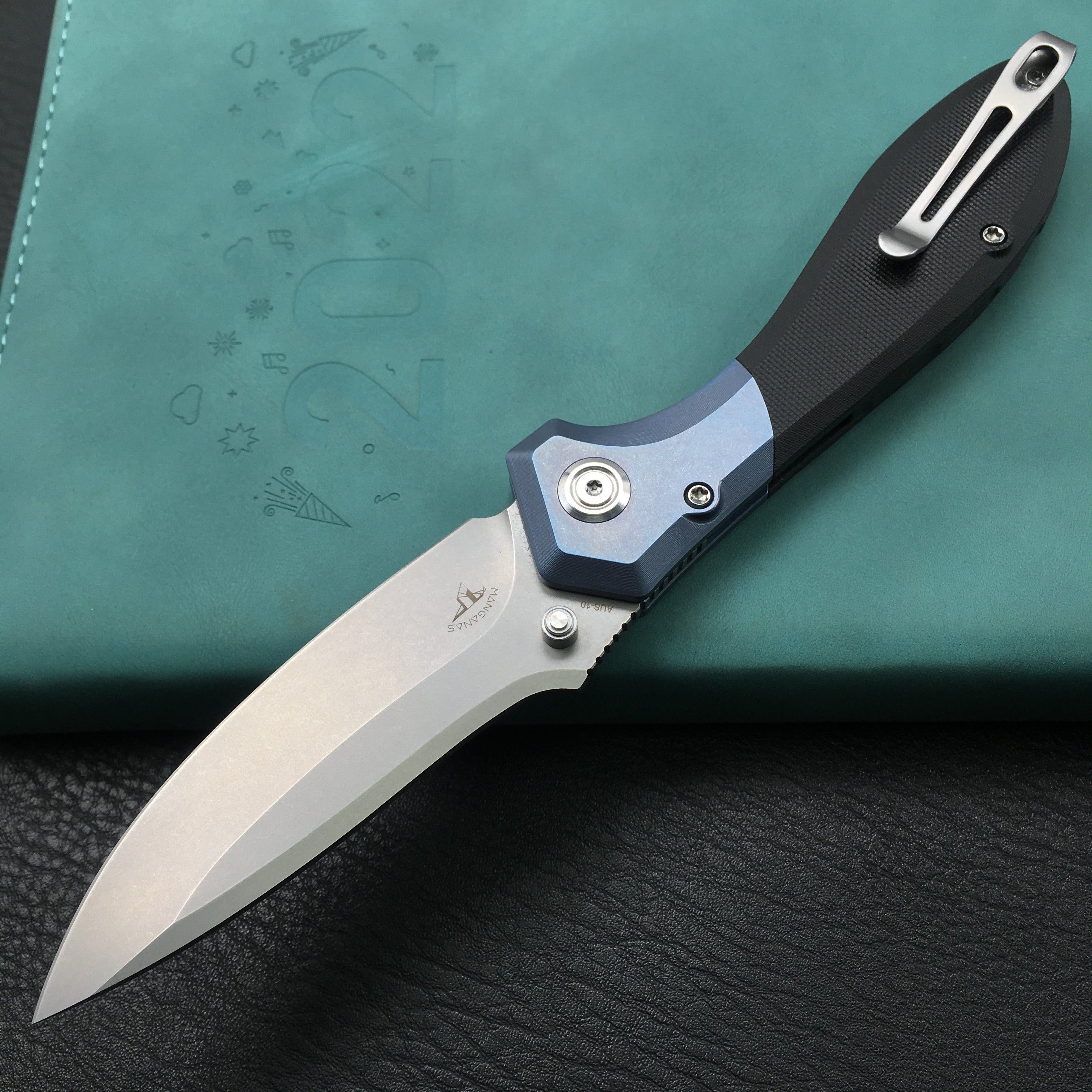 KUBEY KU314A Ruckus Liner Lock Folding Knife Blue Titanium Head and Black G10 Handle 3.31" Blasted Stonewashed AUS-10